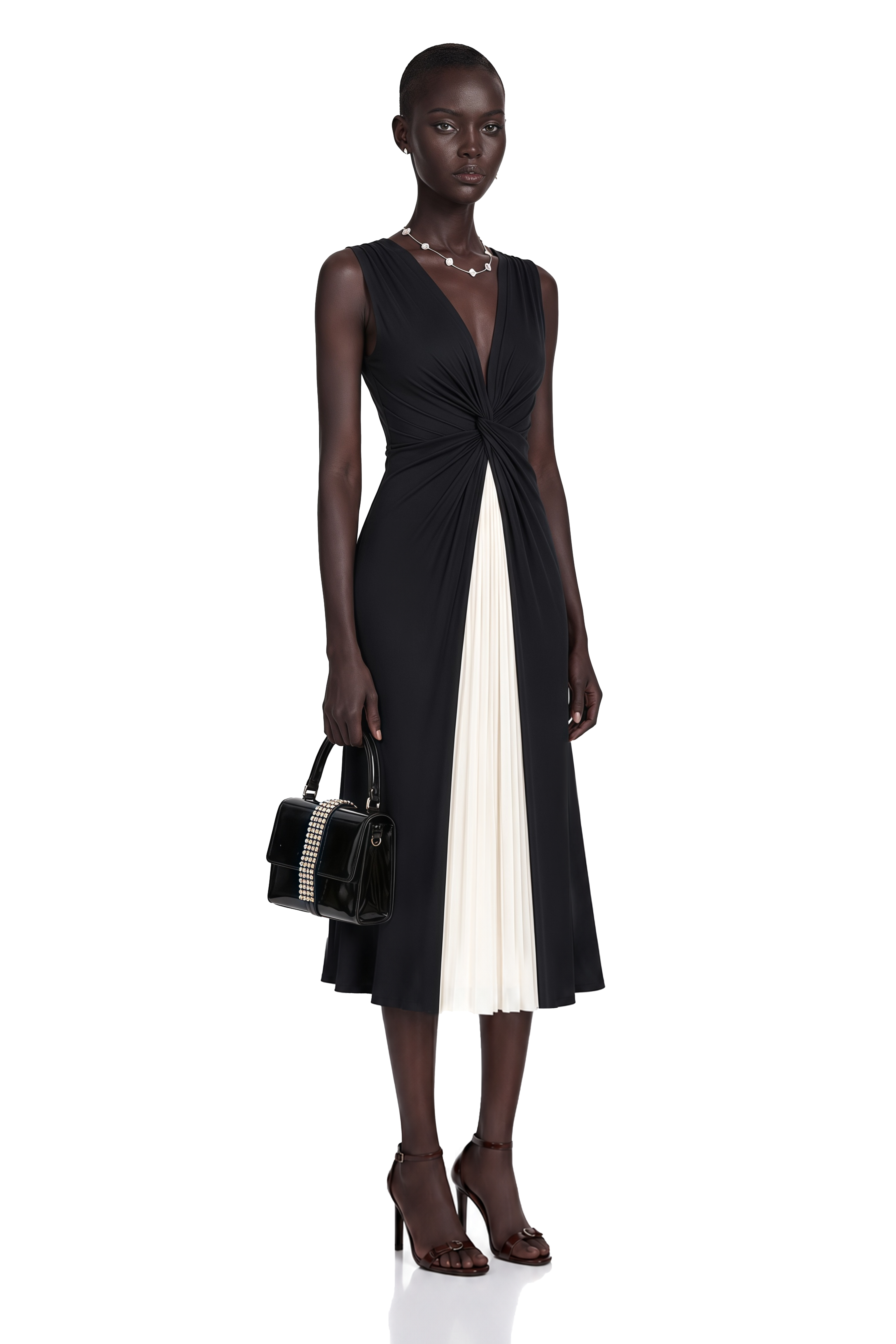 Lorelei Black Color-Block V-Neck Top & Pleated Skirt Set 