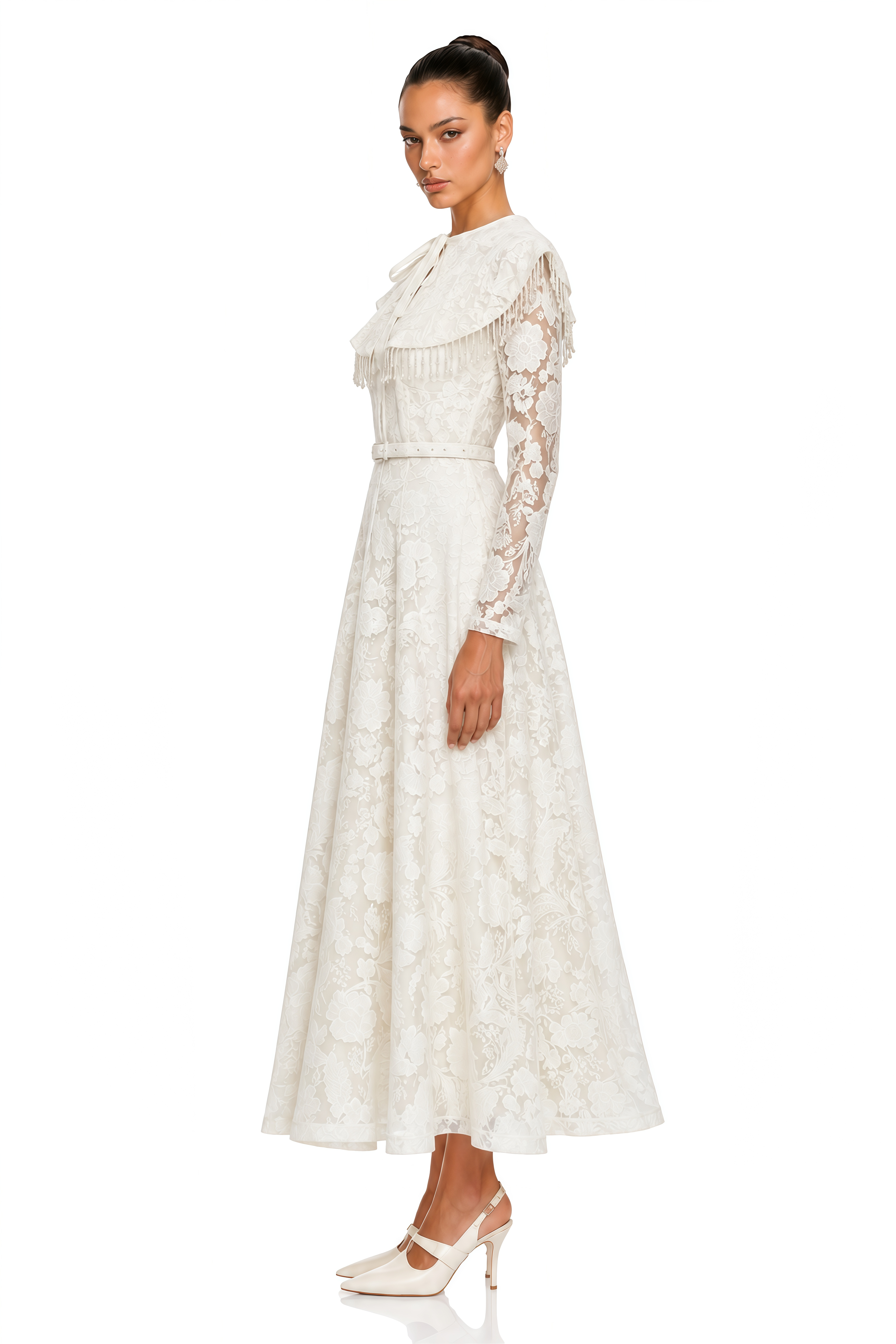 Lorelei Neutral Lace Ruffle Collar Maxi Dress