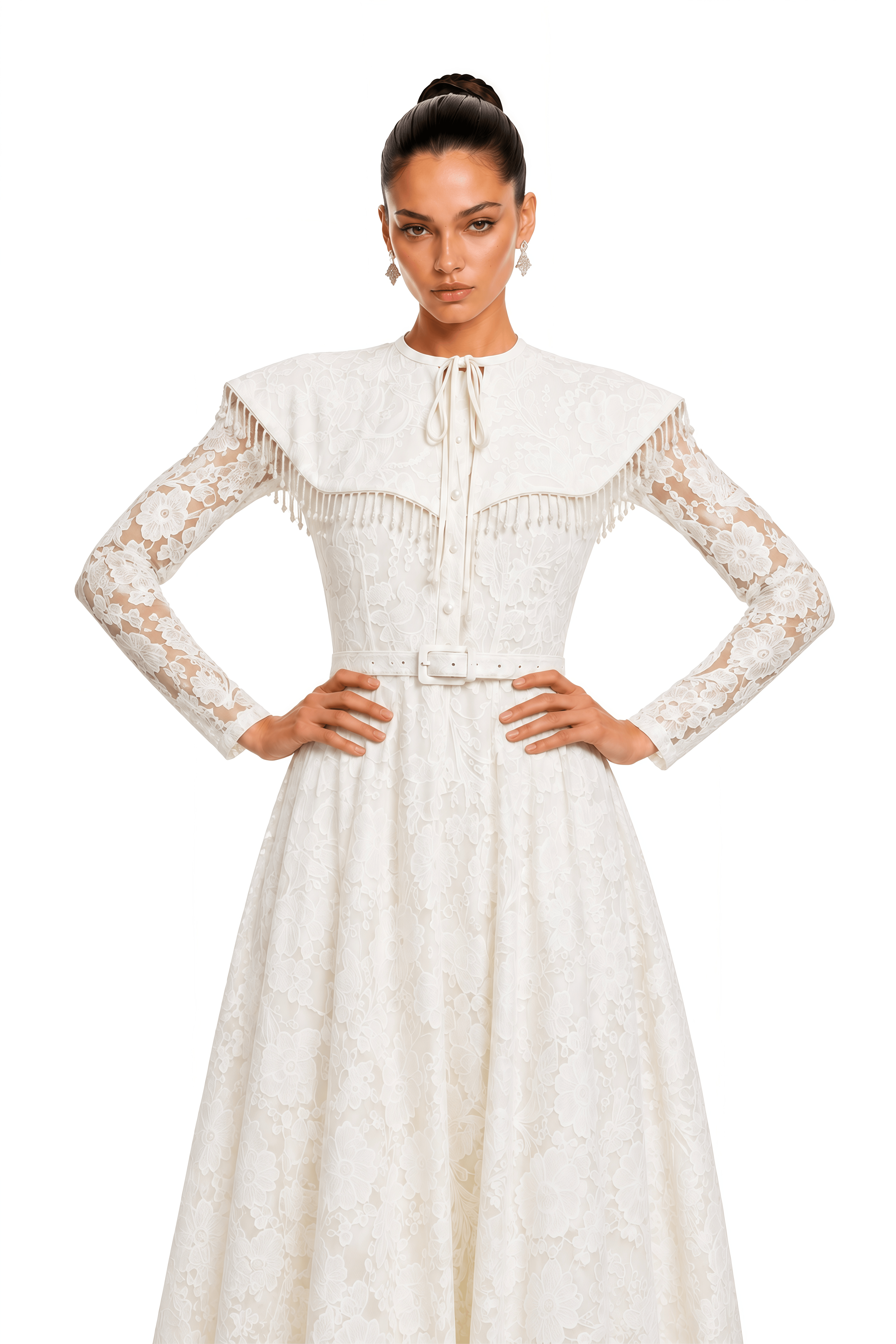 Lorelei Neutral Lace Ruffle Collar Maxi Dress