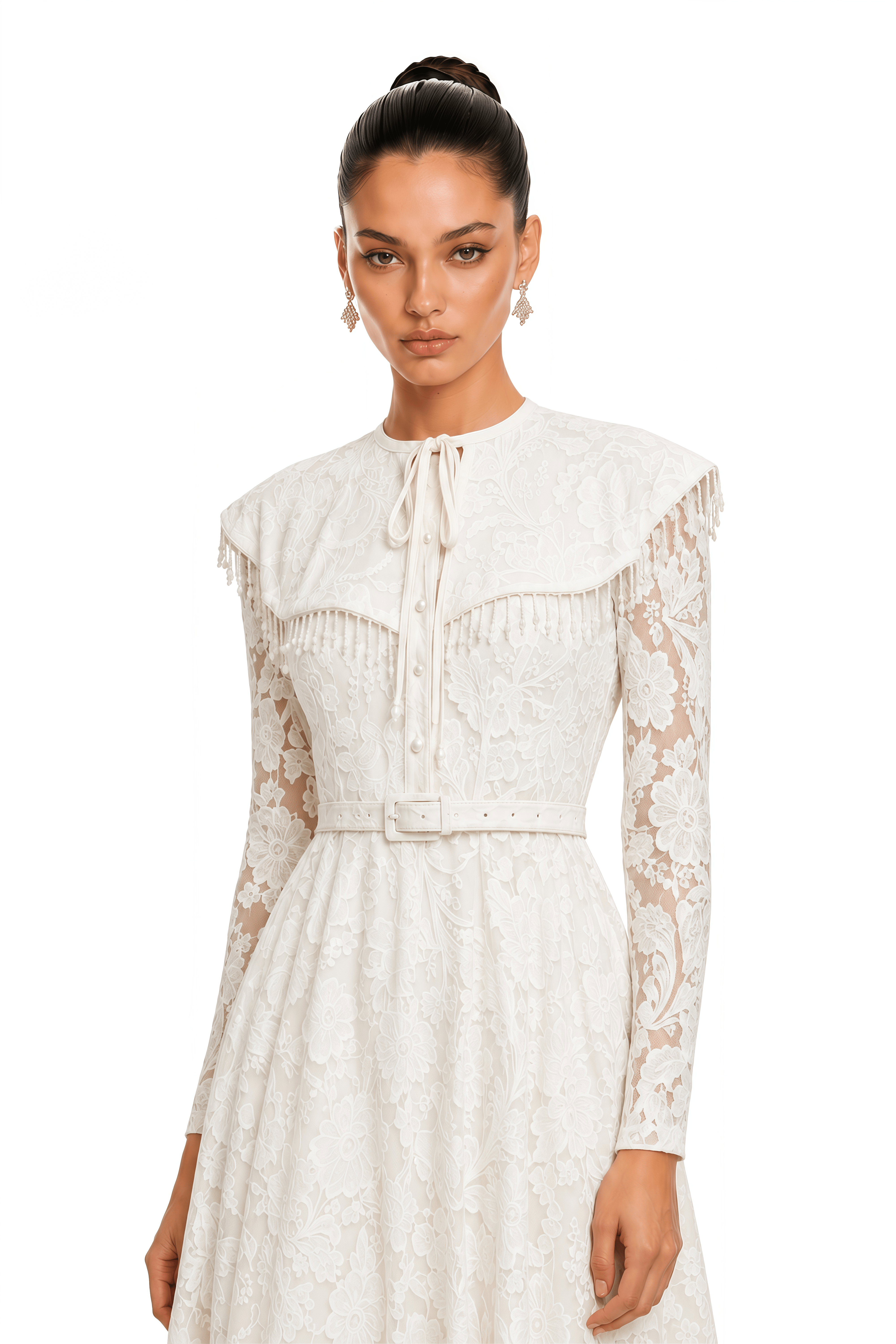 Lorelei Neutral Lace Ruffle Collar Maxi Dress