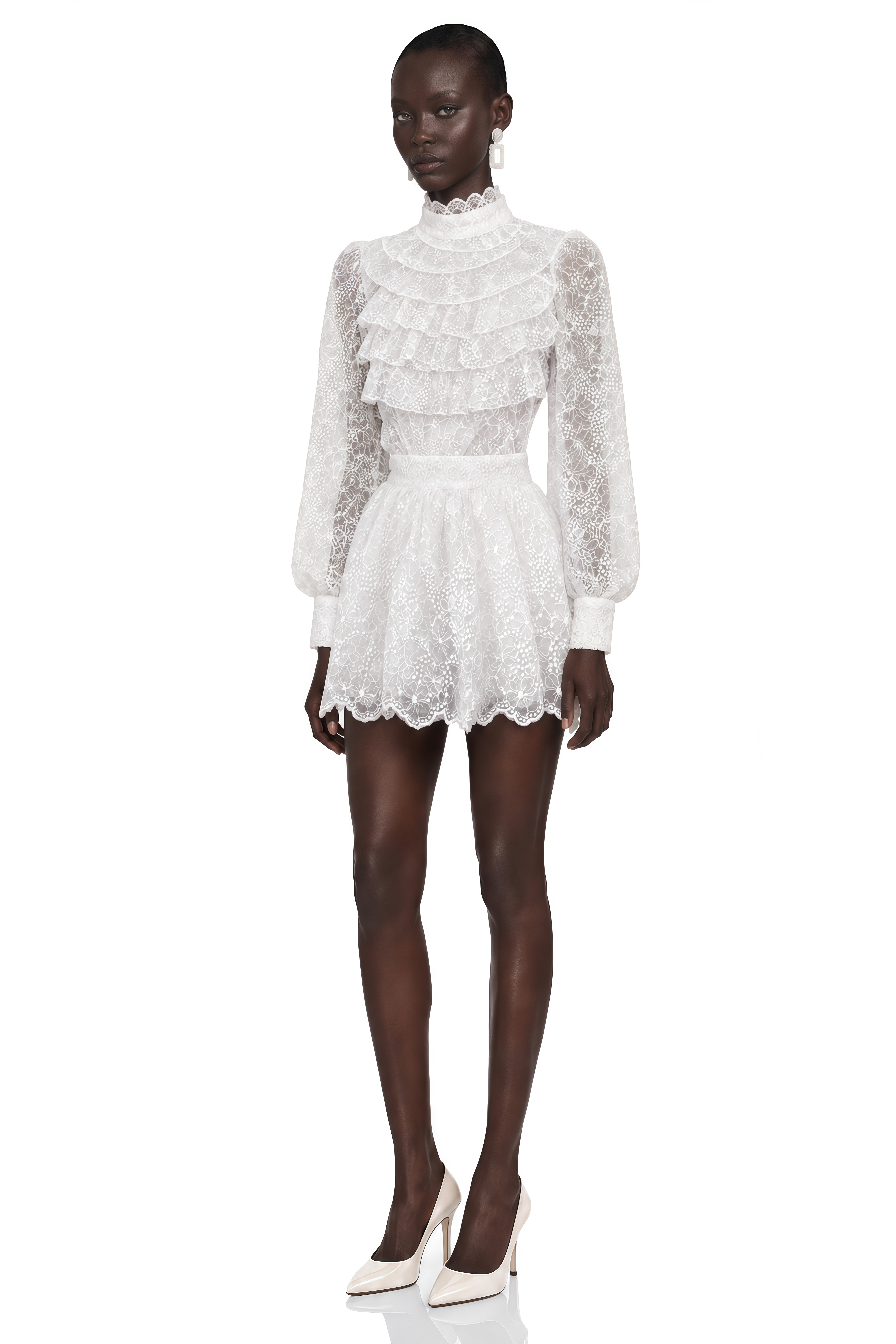 Lorraine White High Neck Lace Long Sleeve Blouse & Skirt Dress