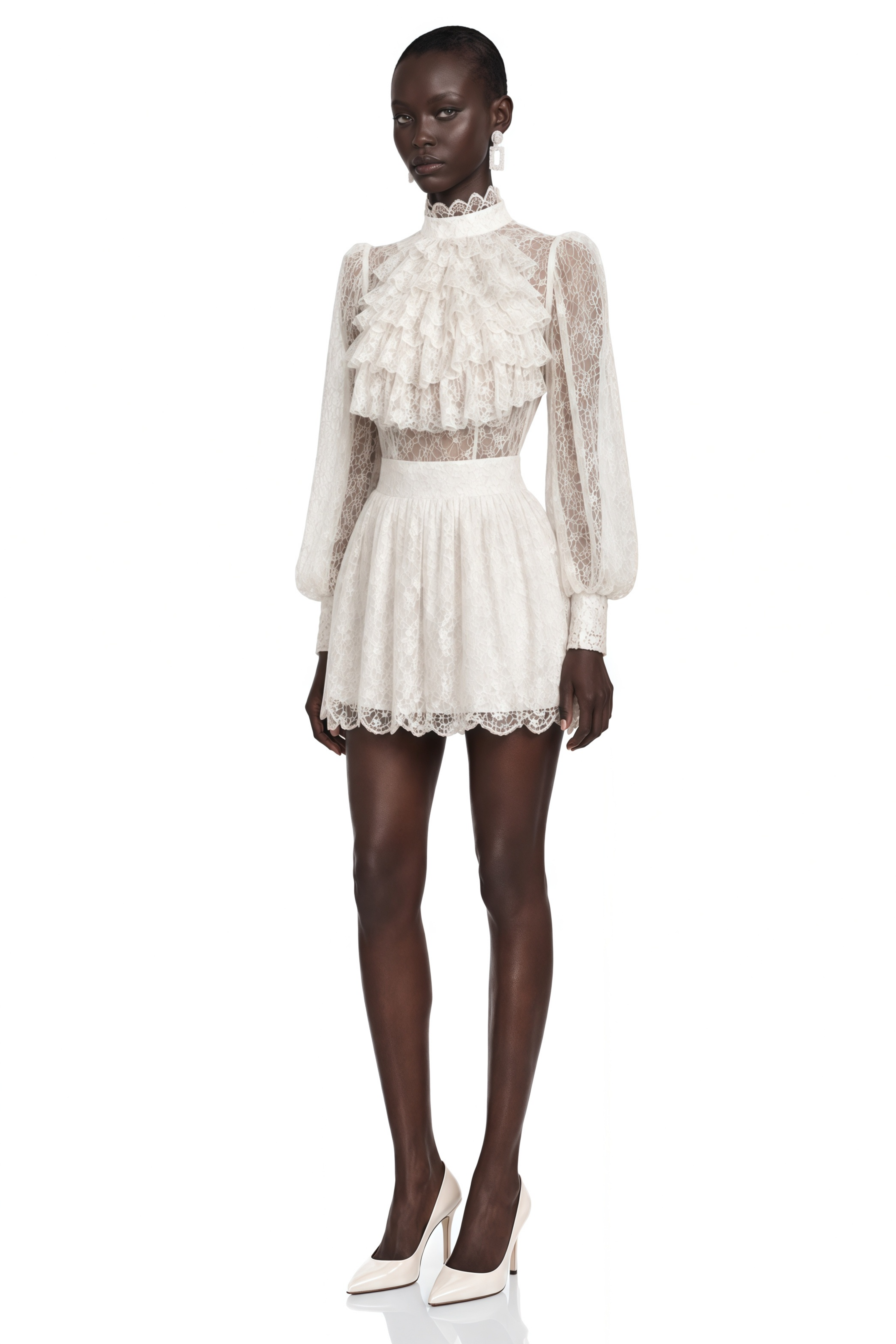 Lorraine White High Neck Lace Long Sleeve Mini Dress