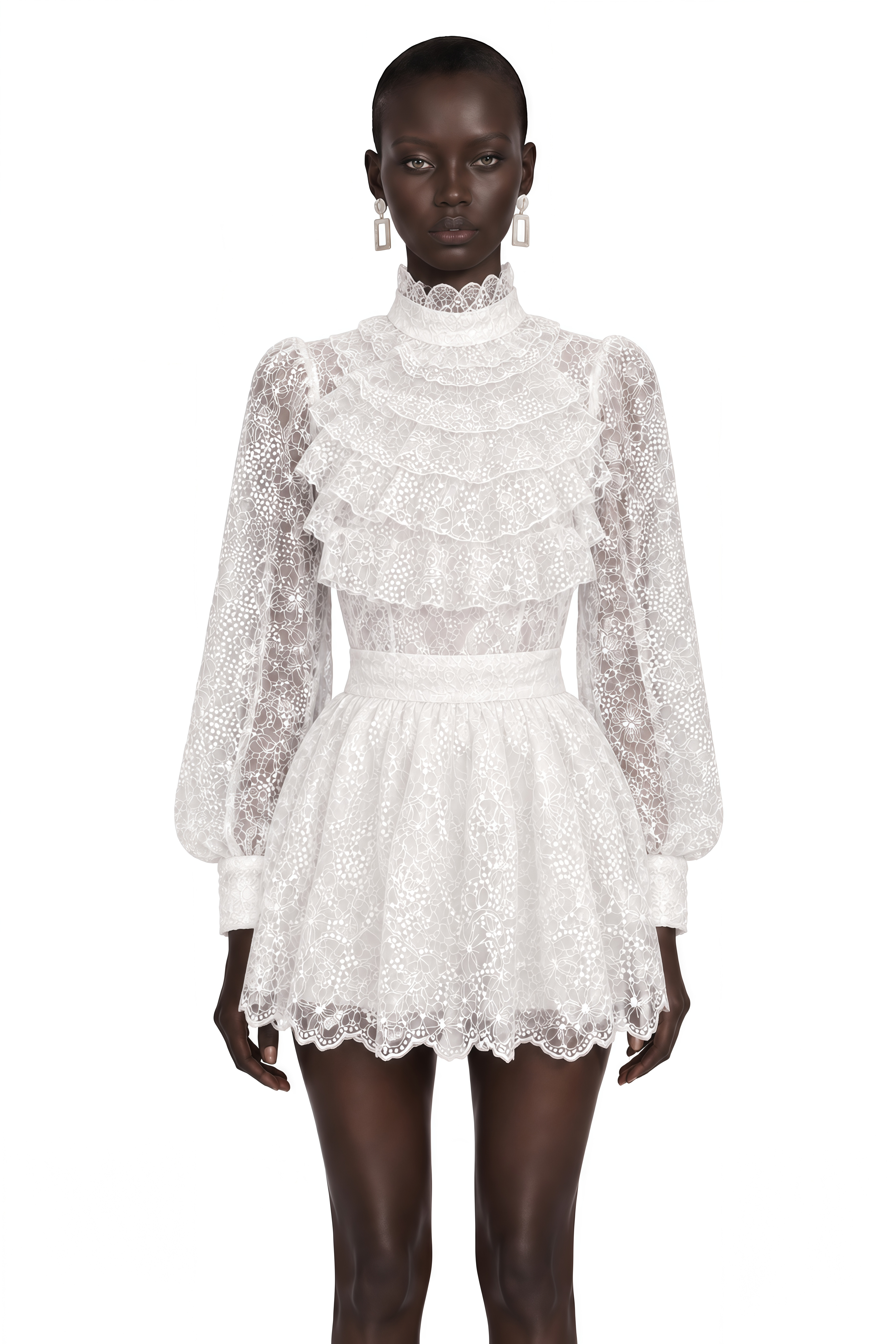 Lorraine White High Neck Lace Long Sleeve Blouse & Skirt Dress