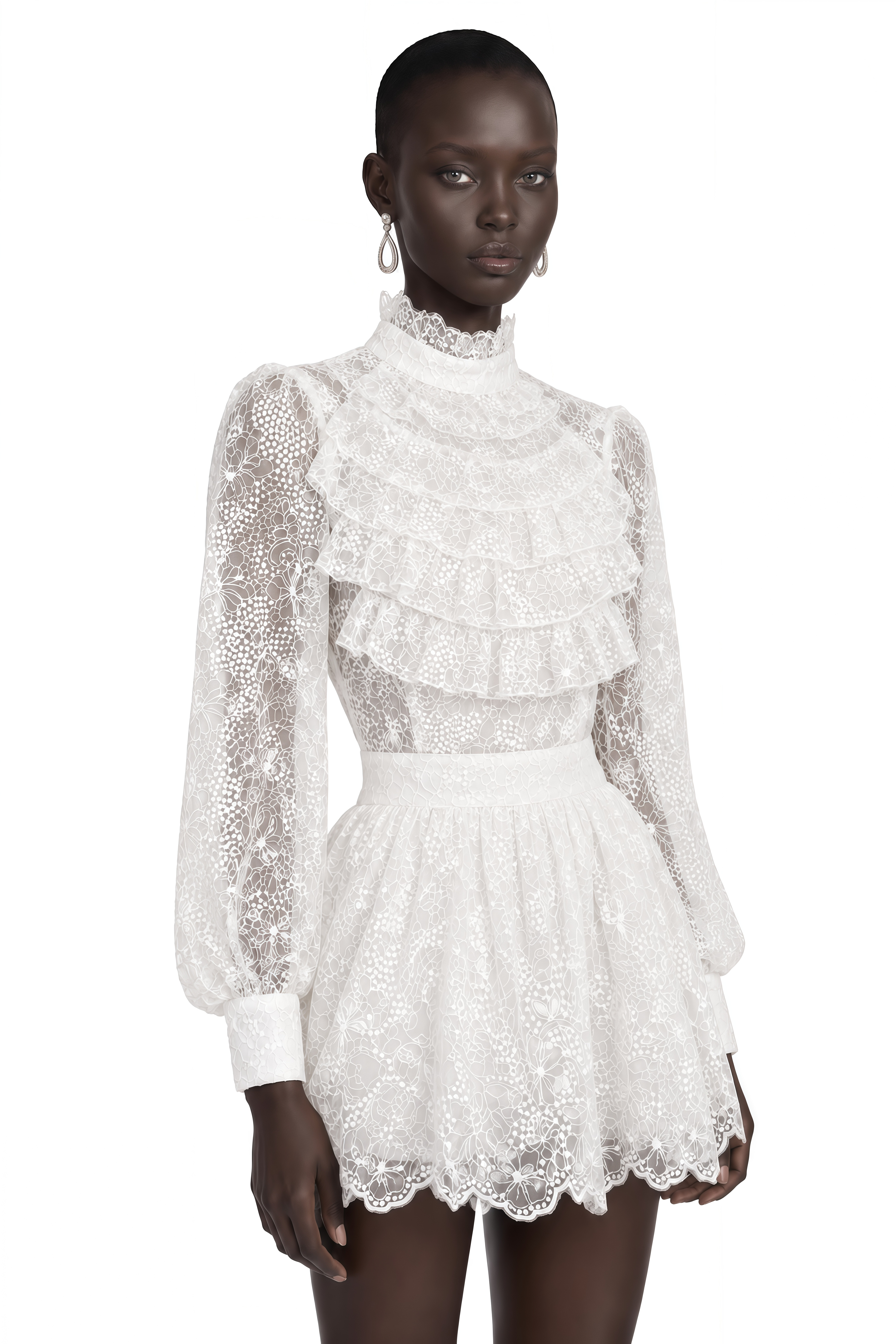 Lorraine White High Neck Lace Long Sleeve Blouse & Skirt Dress
