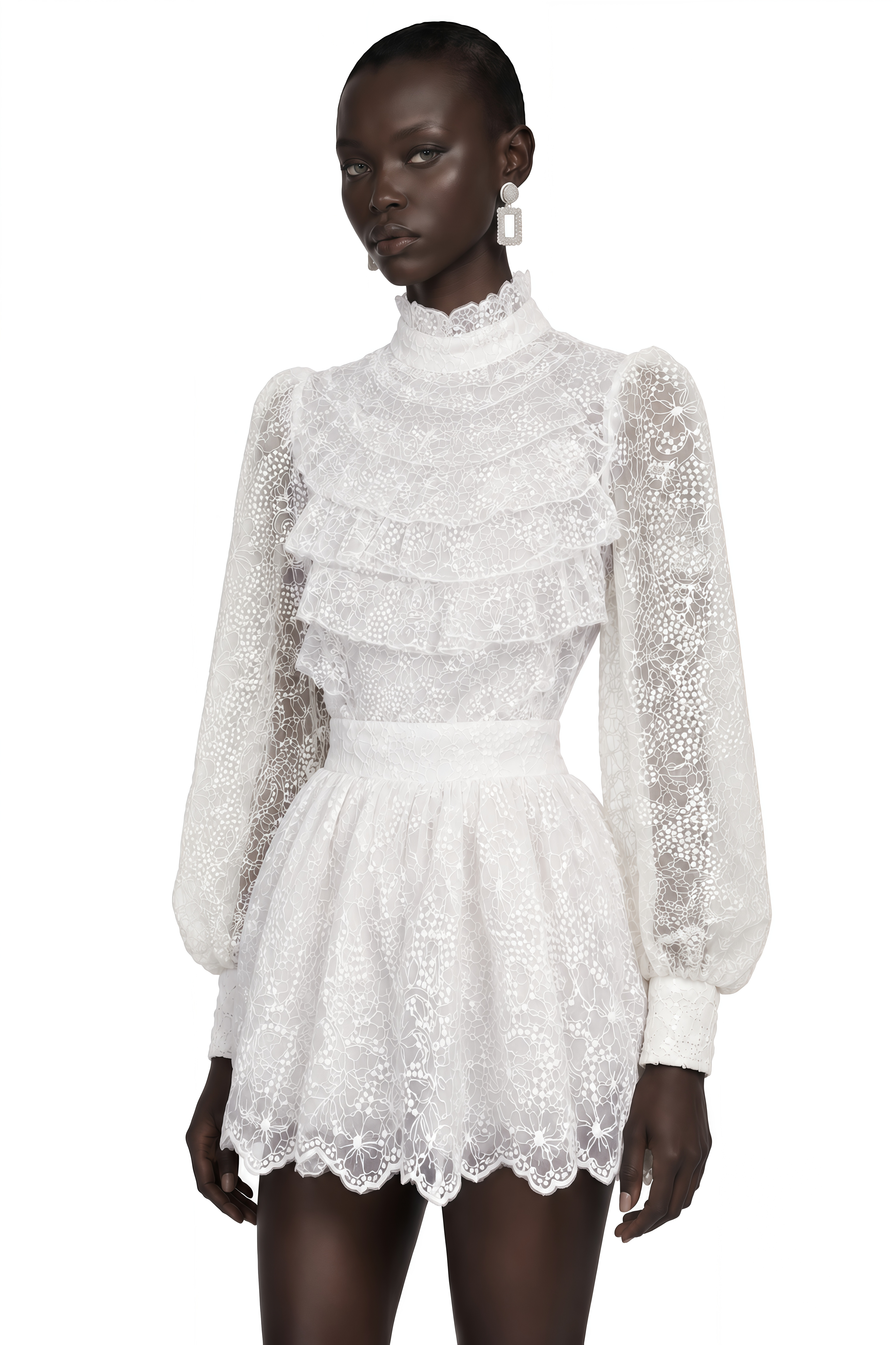 Lorraine White High Neck Lace Long Sleeve Blouse & Skirt Dress