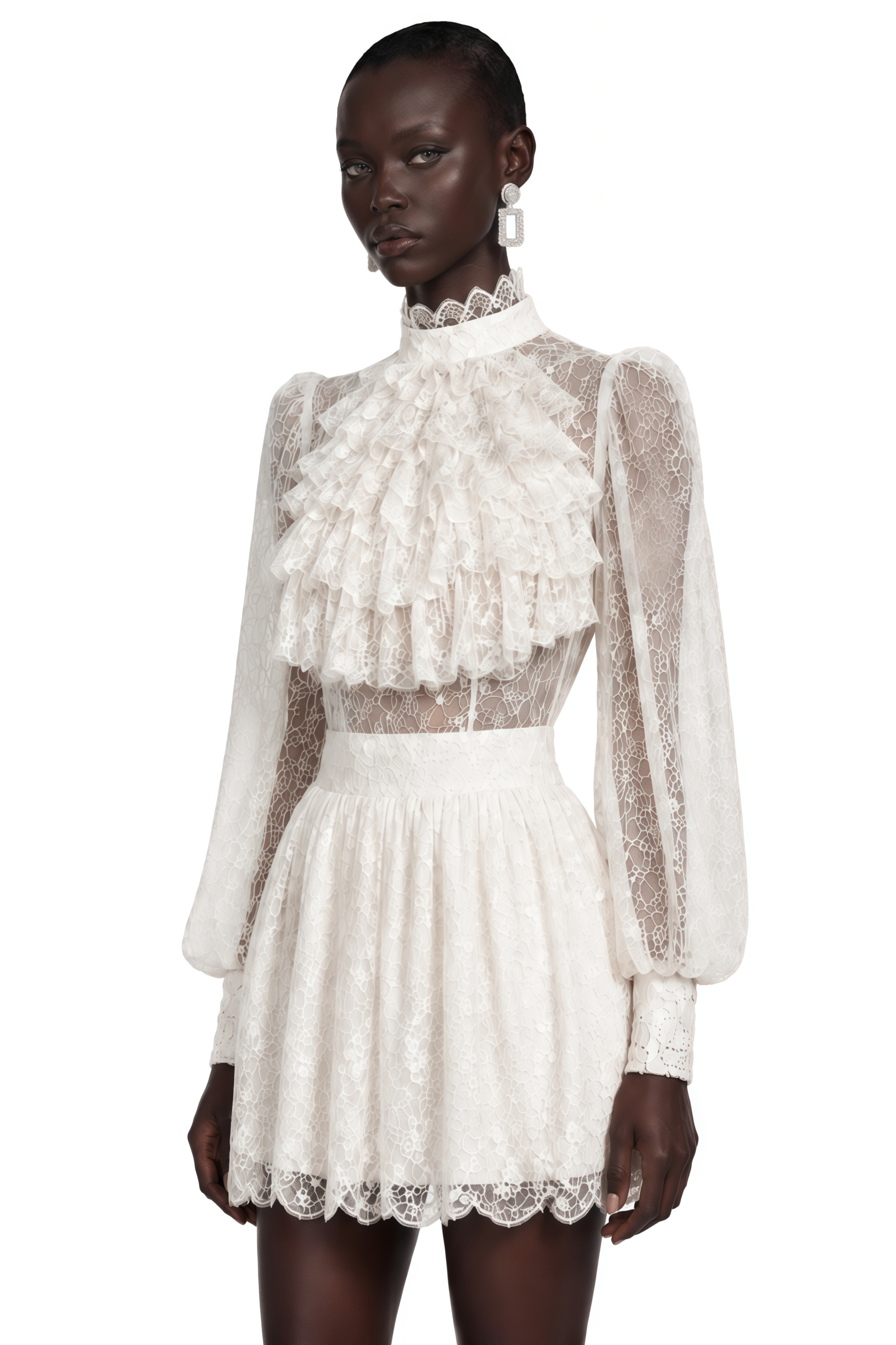 Lorraine White High Neck Lace Long Sleeve Mini Dress