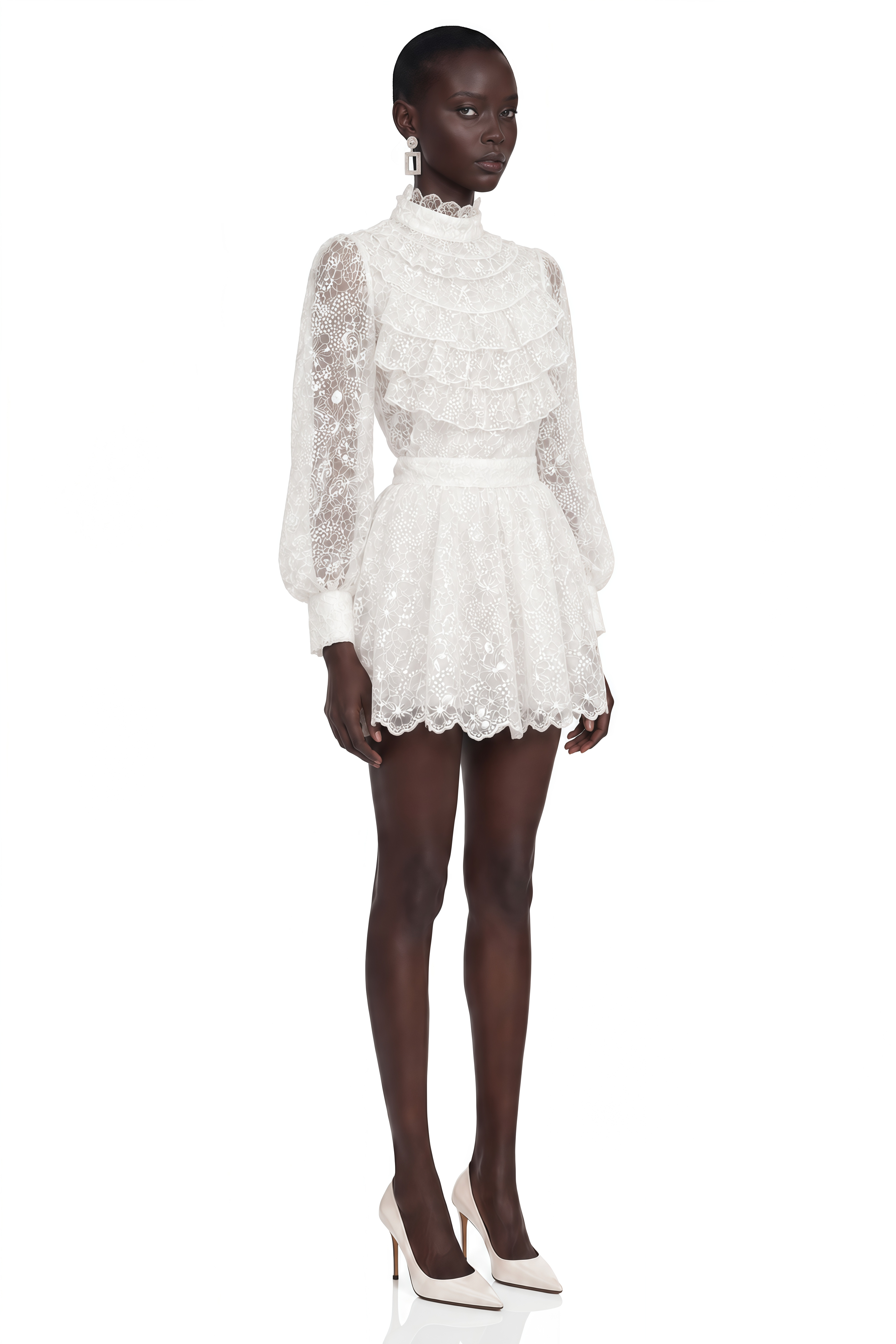 Lorraine White High Neck Lace Long Sleeve Blouse & Skirt Dress