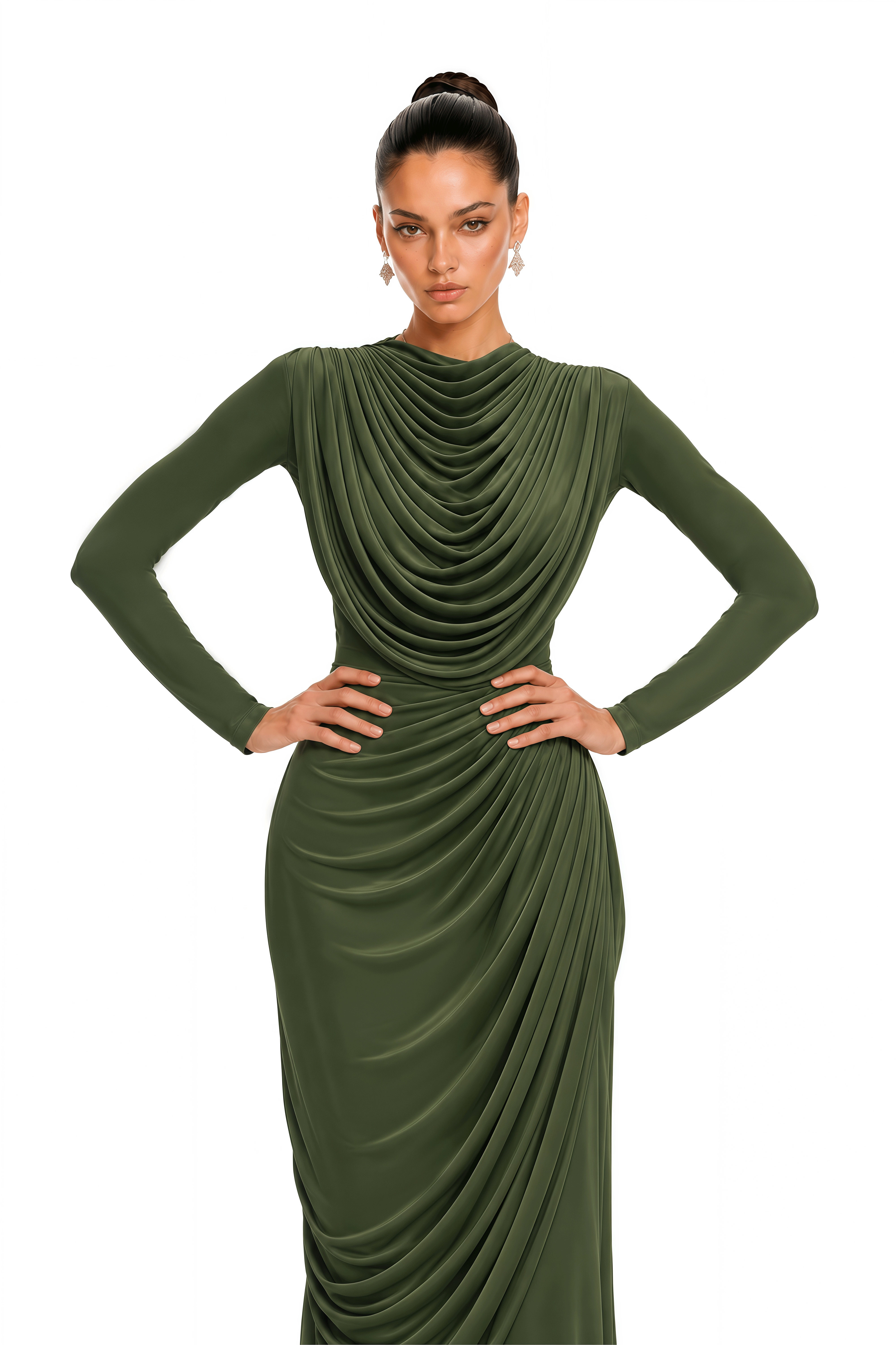 Lottie Olive Green Draped High Neck Long Sleeve Maxi Dress