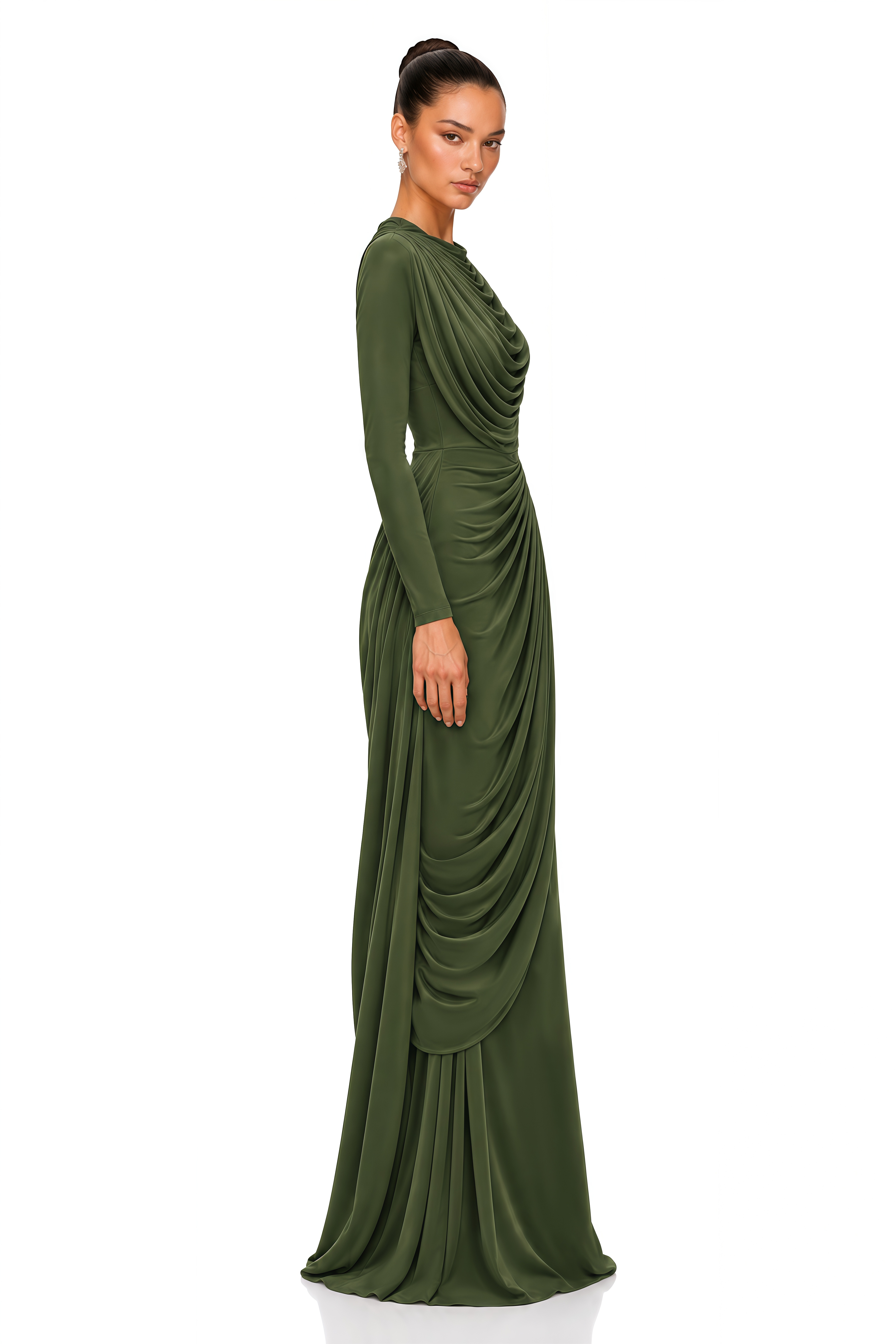 Lottie Olive Green Draped High Neck Long Sleeve Maxi Dress