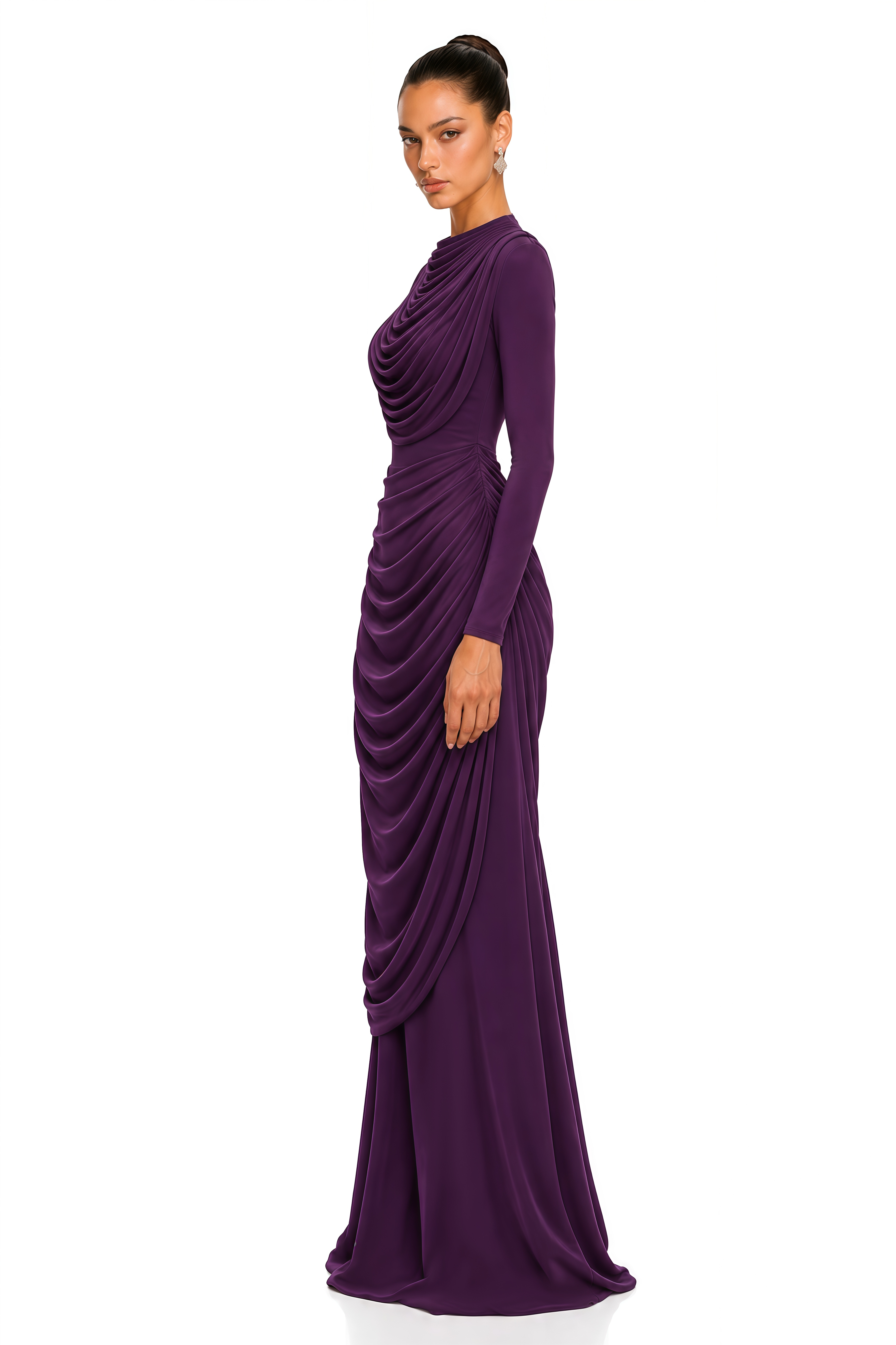 Lottie Purple Draped High Neck Long Sleeve Maxi Dress