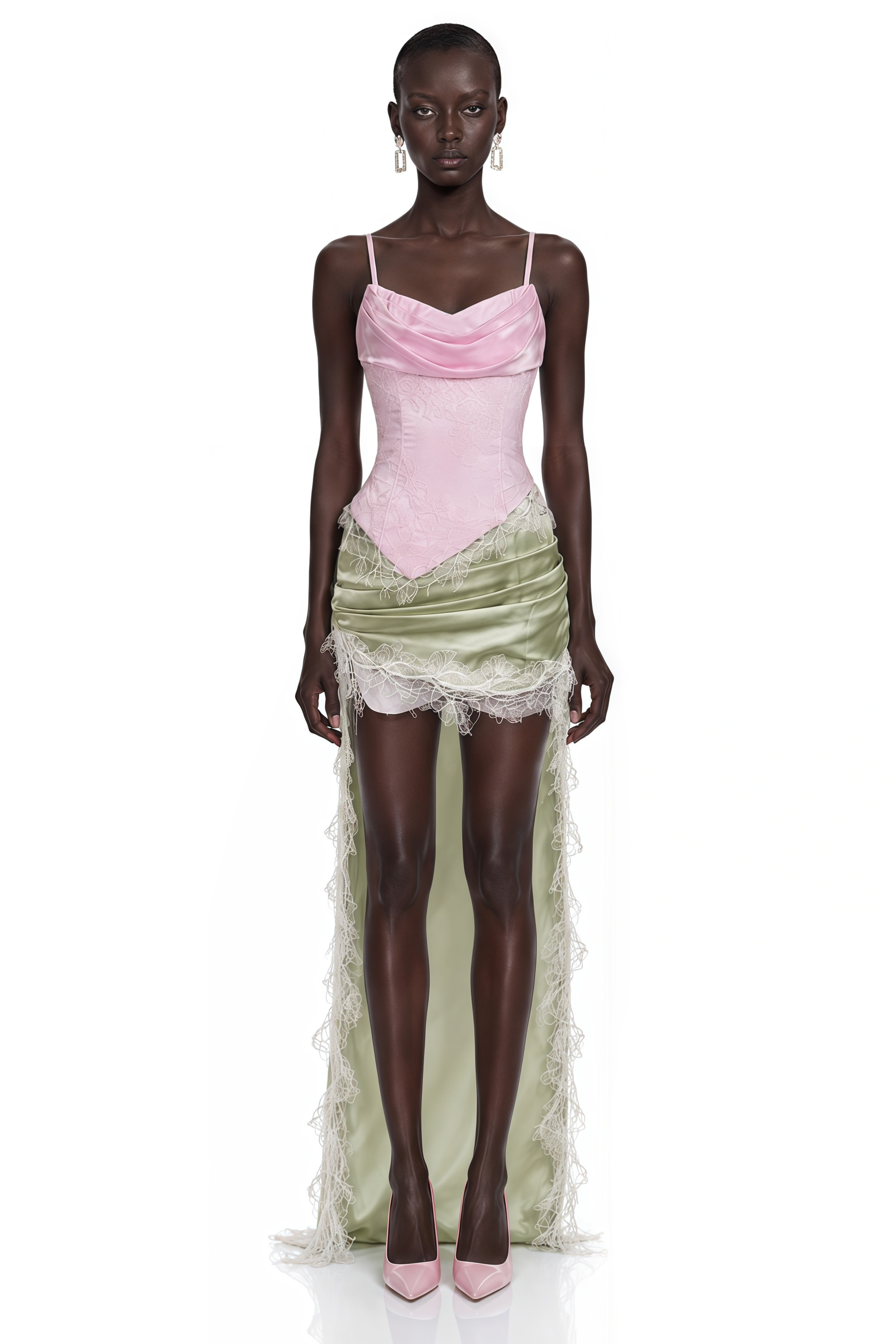 Louisa Pink Corset Top & Green Draped Mini Skirt Set
