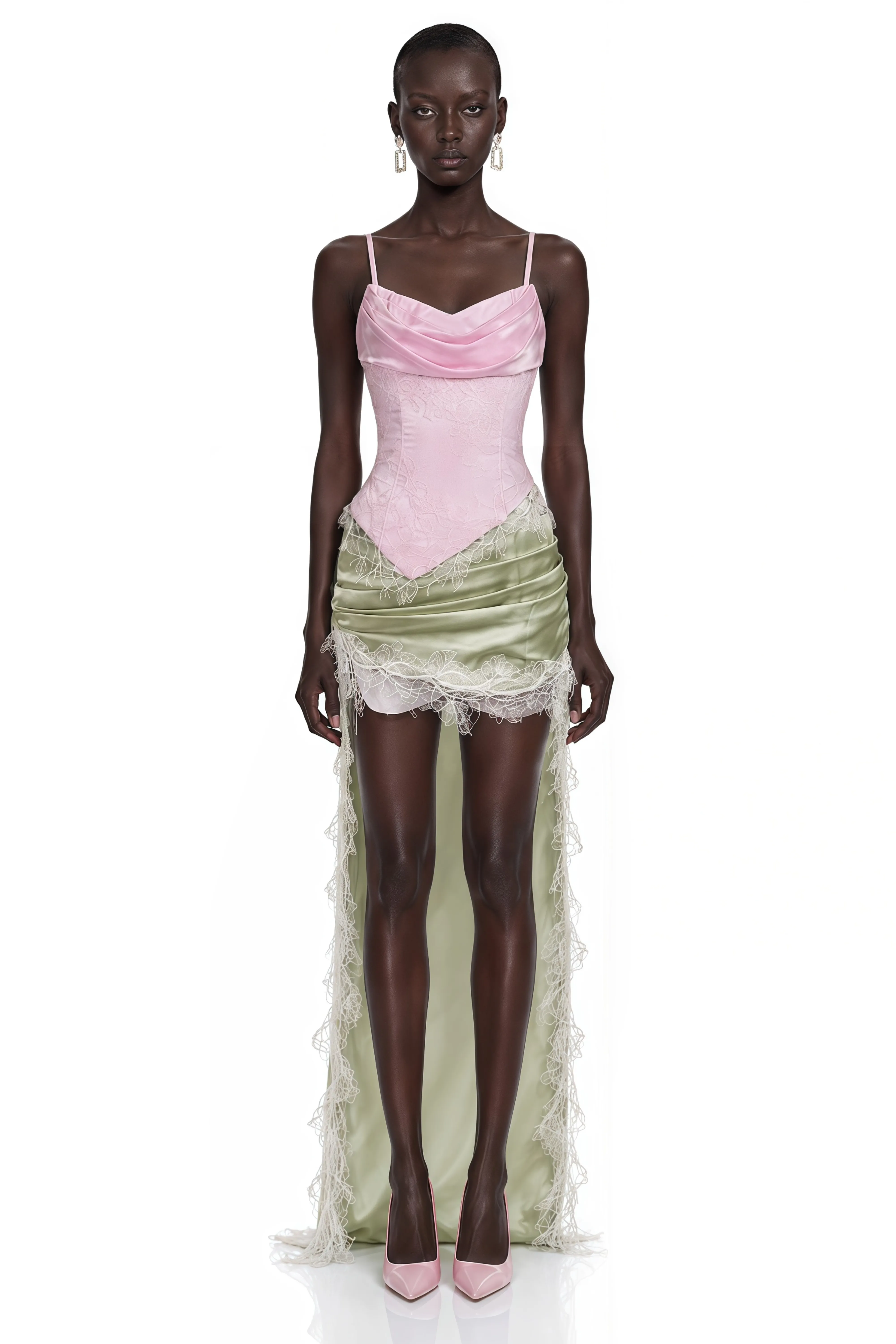 Louisa Pink Corset Top & Green Draped Mini Skirt Set