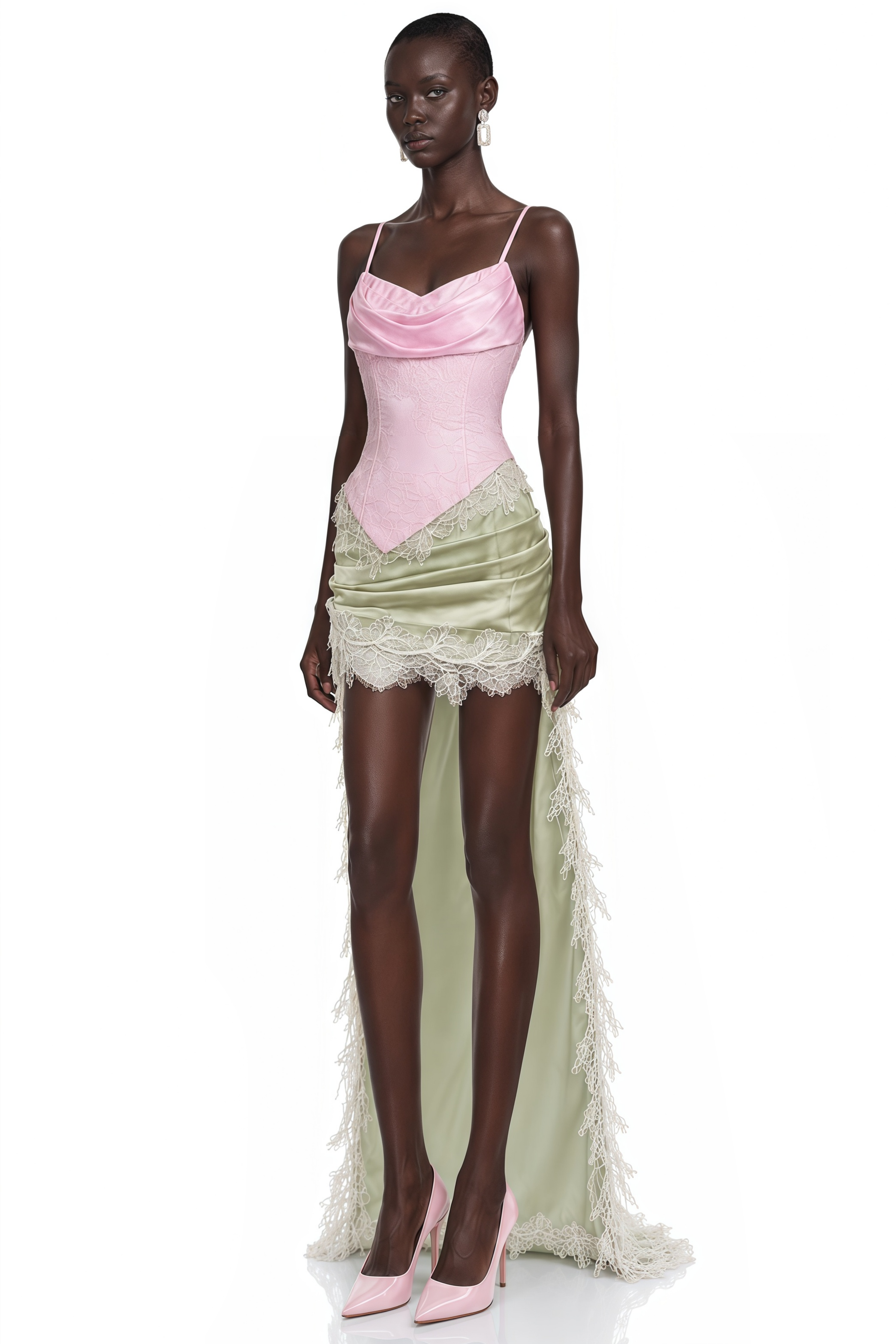 Louisa Pink Corset Top & Green Draped Mini Skirt Set