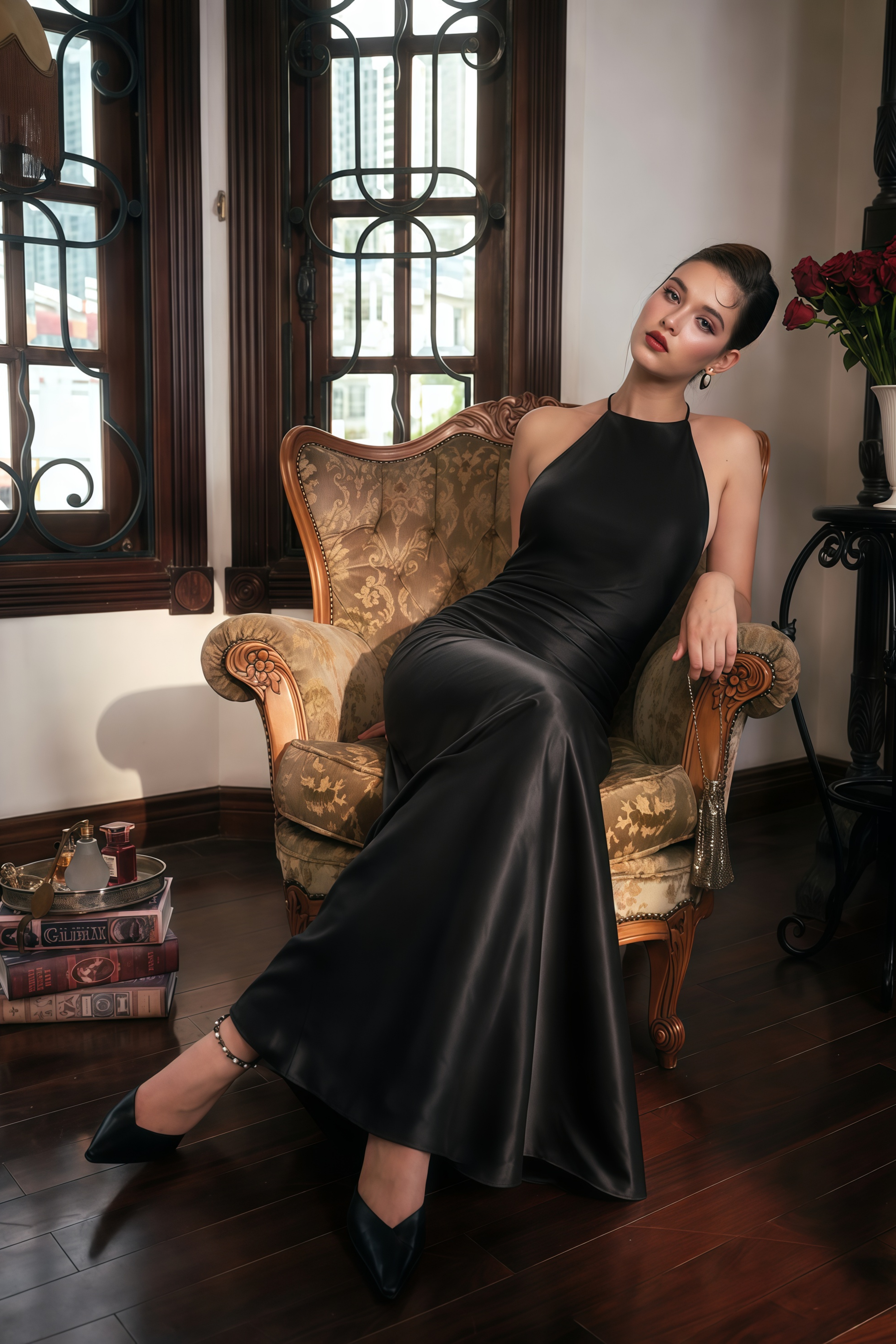 Loviatar Black Backless Satin Maxi Dress