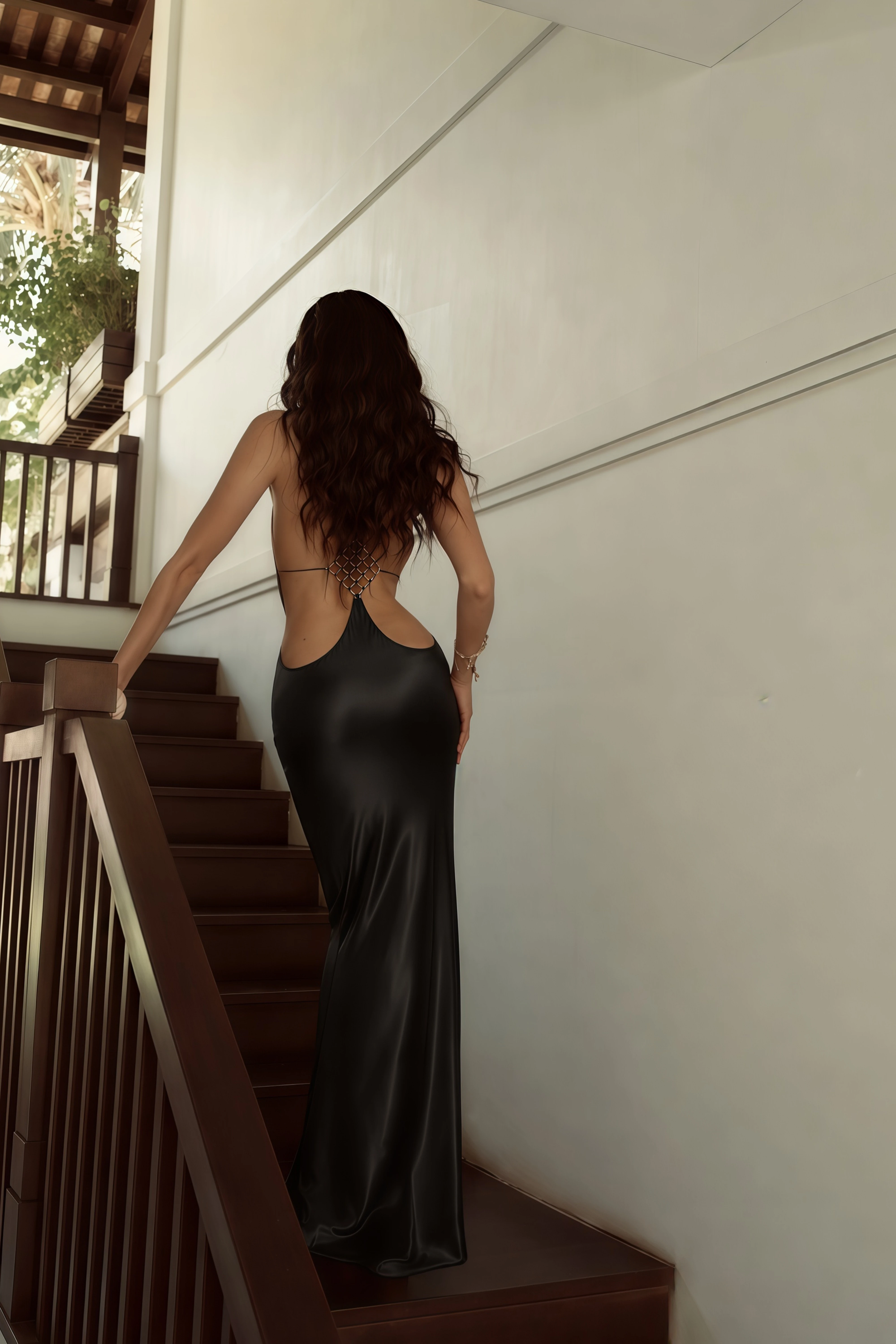 Loviatar Black Backless Satin Maxi Dress