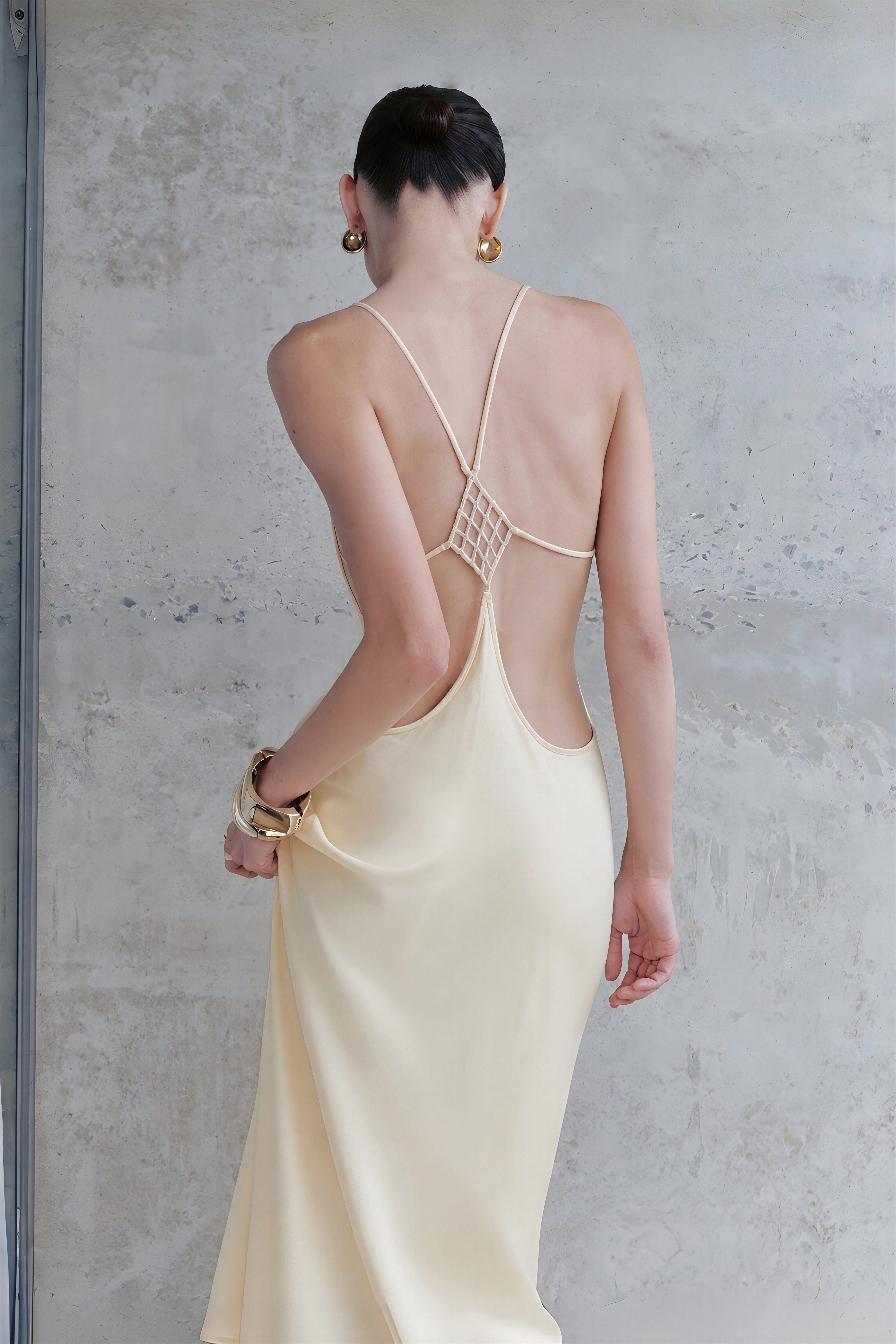 Loviatar Gold Backless Satin Maxi Dress