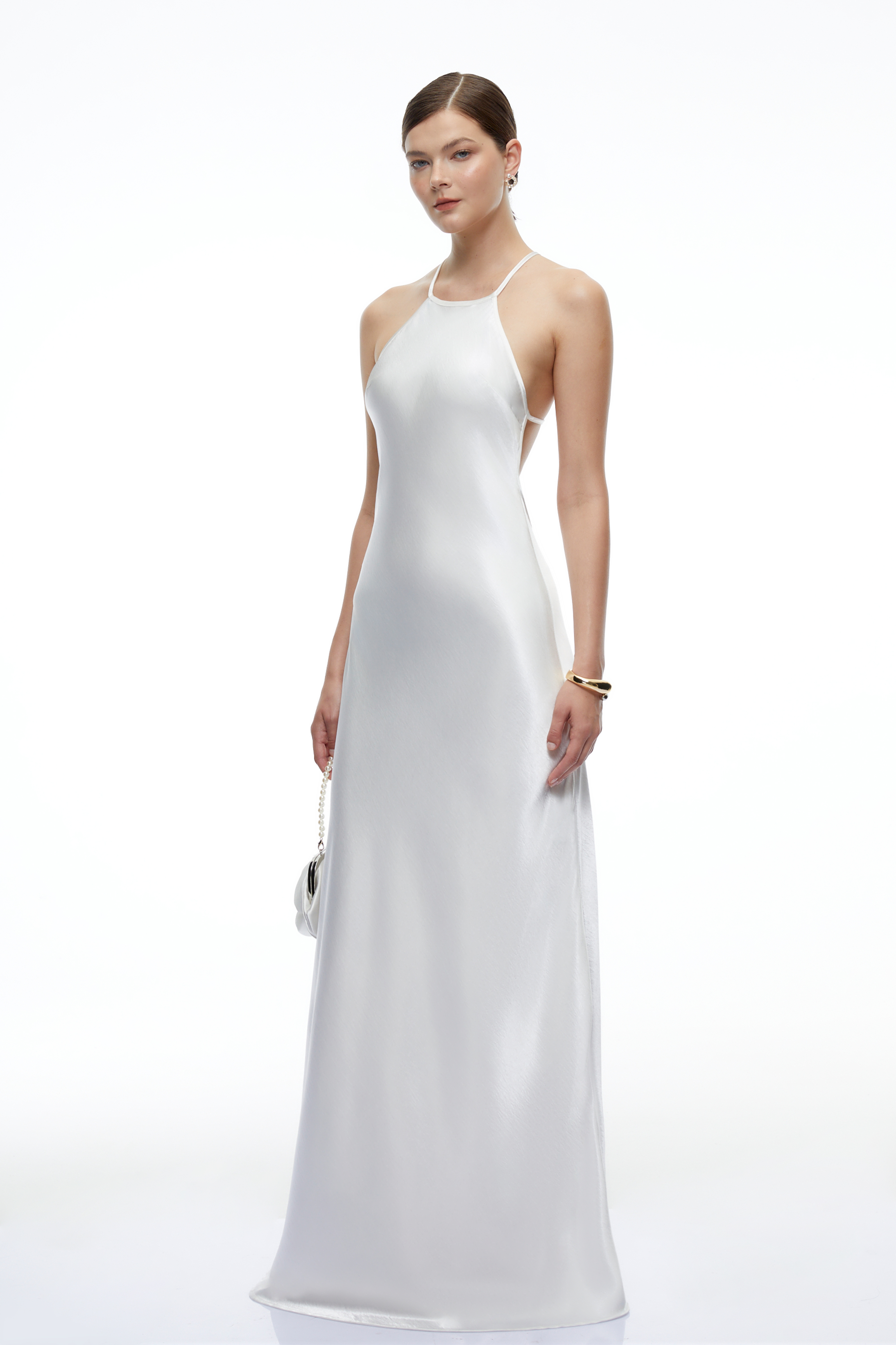 Loviatar White Backless Satin Maxi Dress