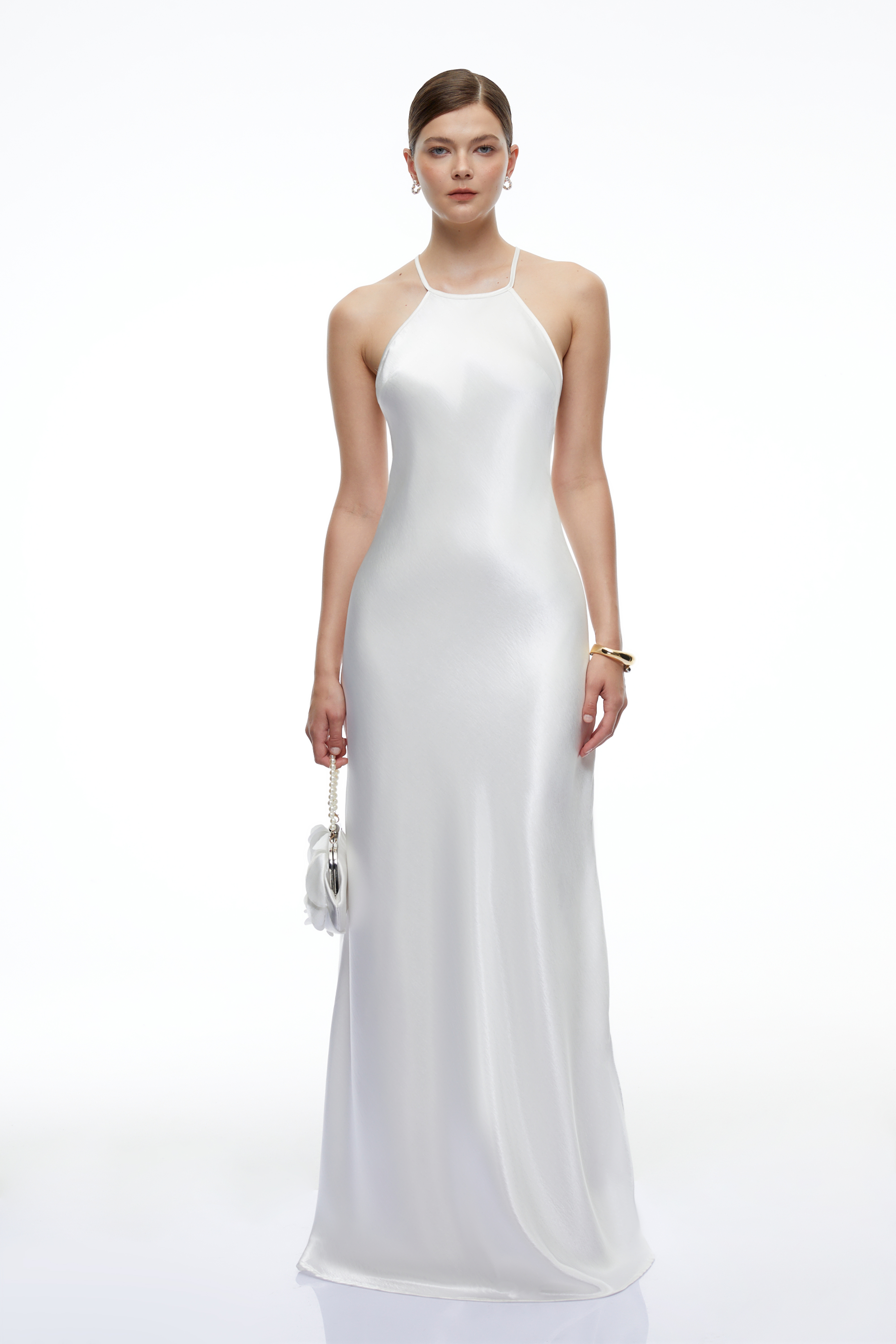 Loviatar White Backless Satin Maxi Dress