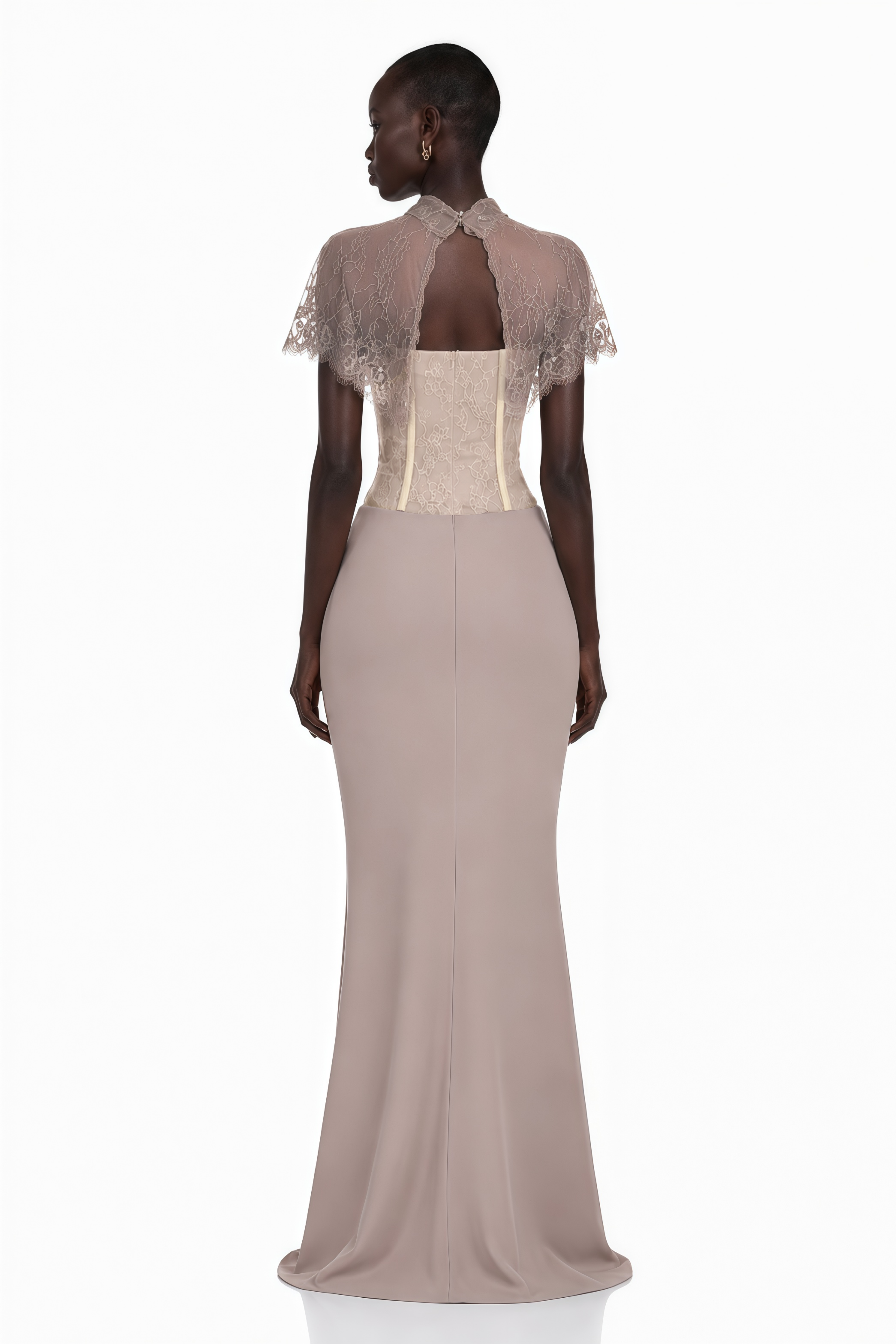 Lovise Neutral Ruched Maxi Dress with Lace Cape
