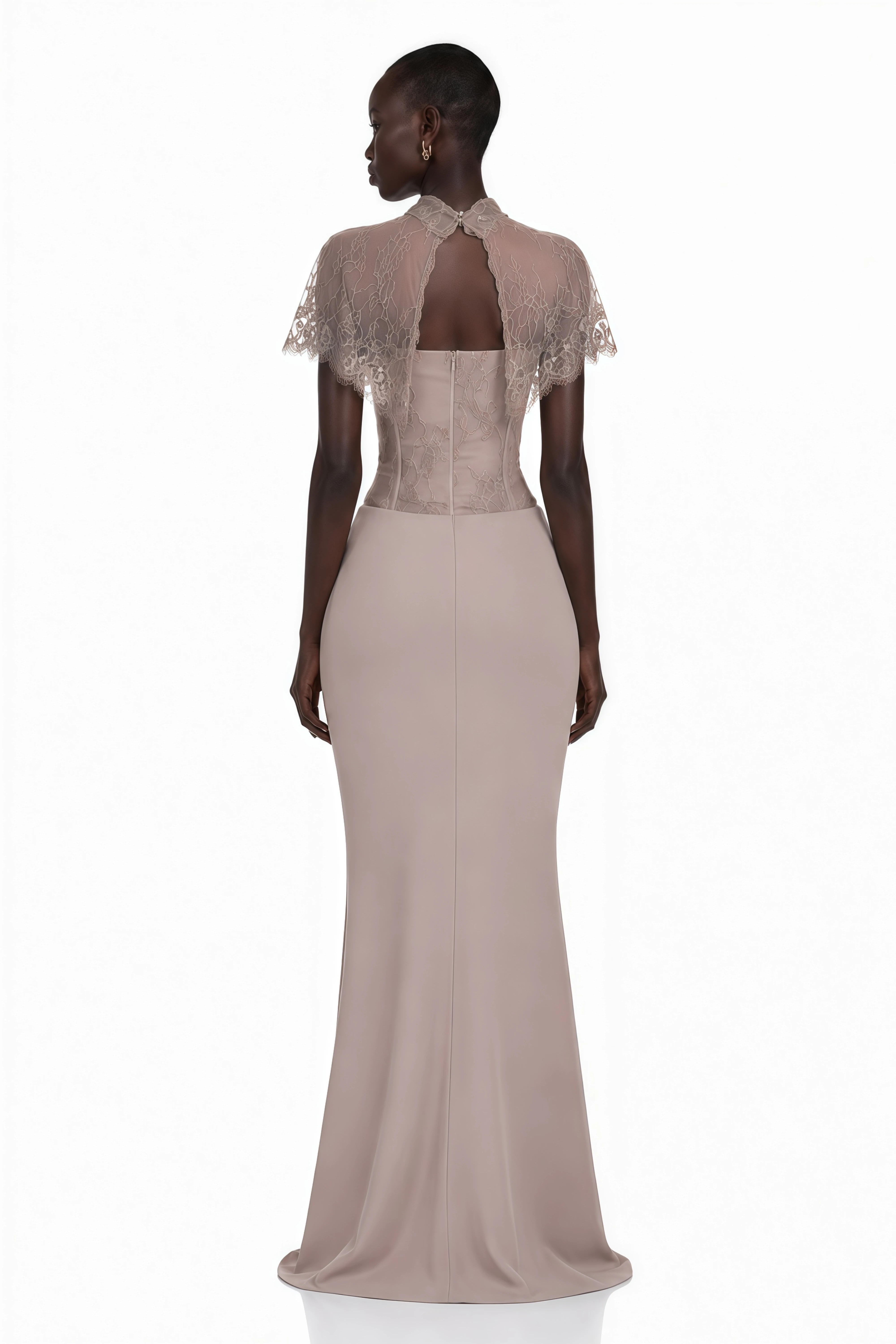 Lovise Neutral Ruched Maxi Dress with Lace Cape