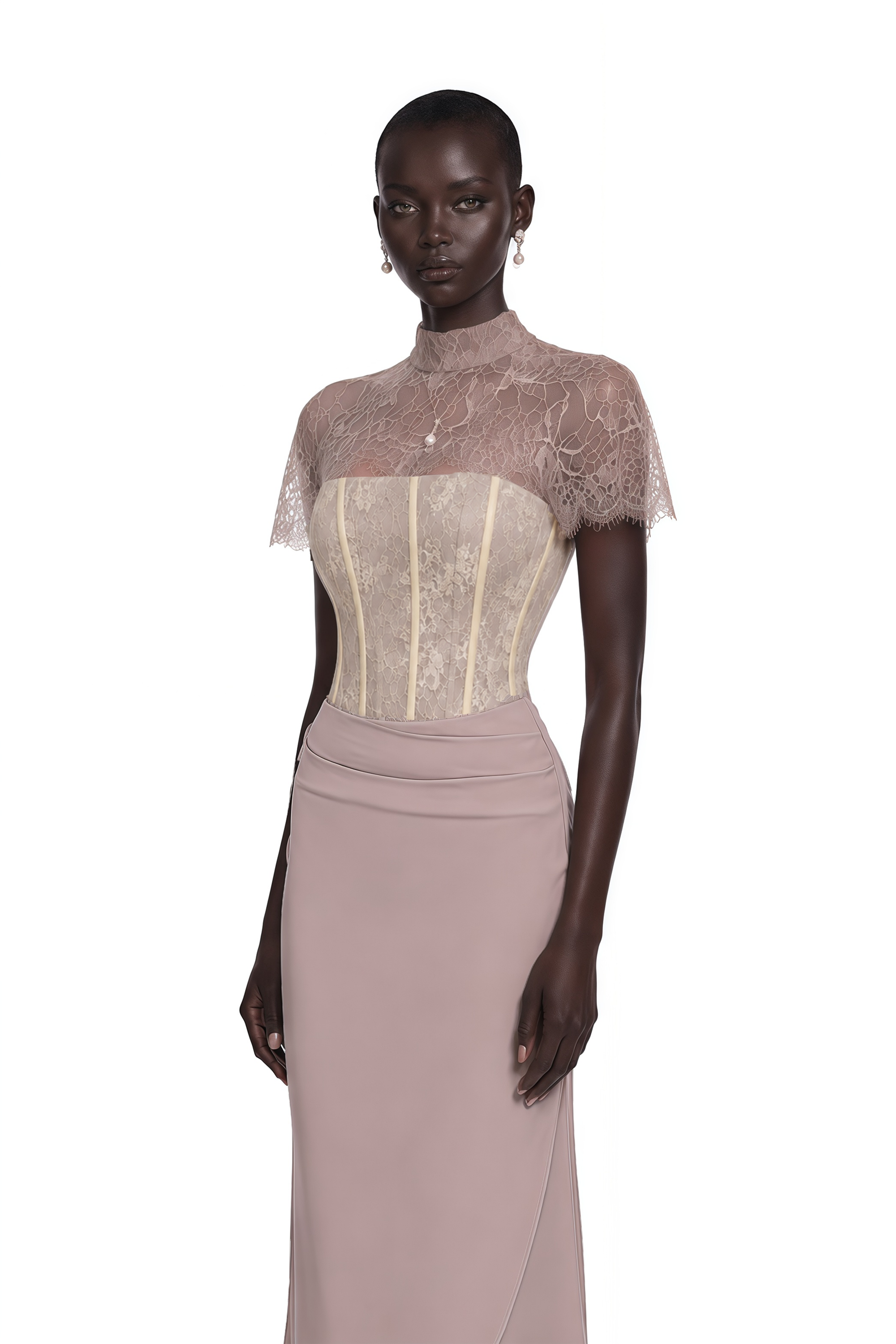 Lovise Neutral Ruched Maxi Dress with Lace Cape