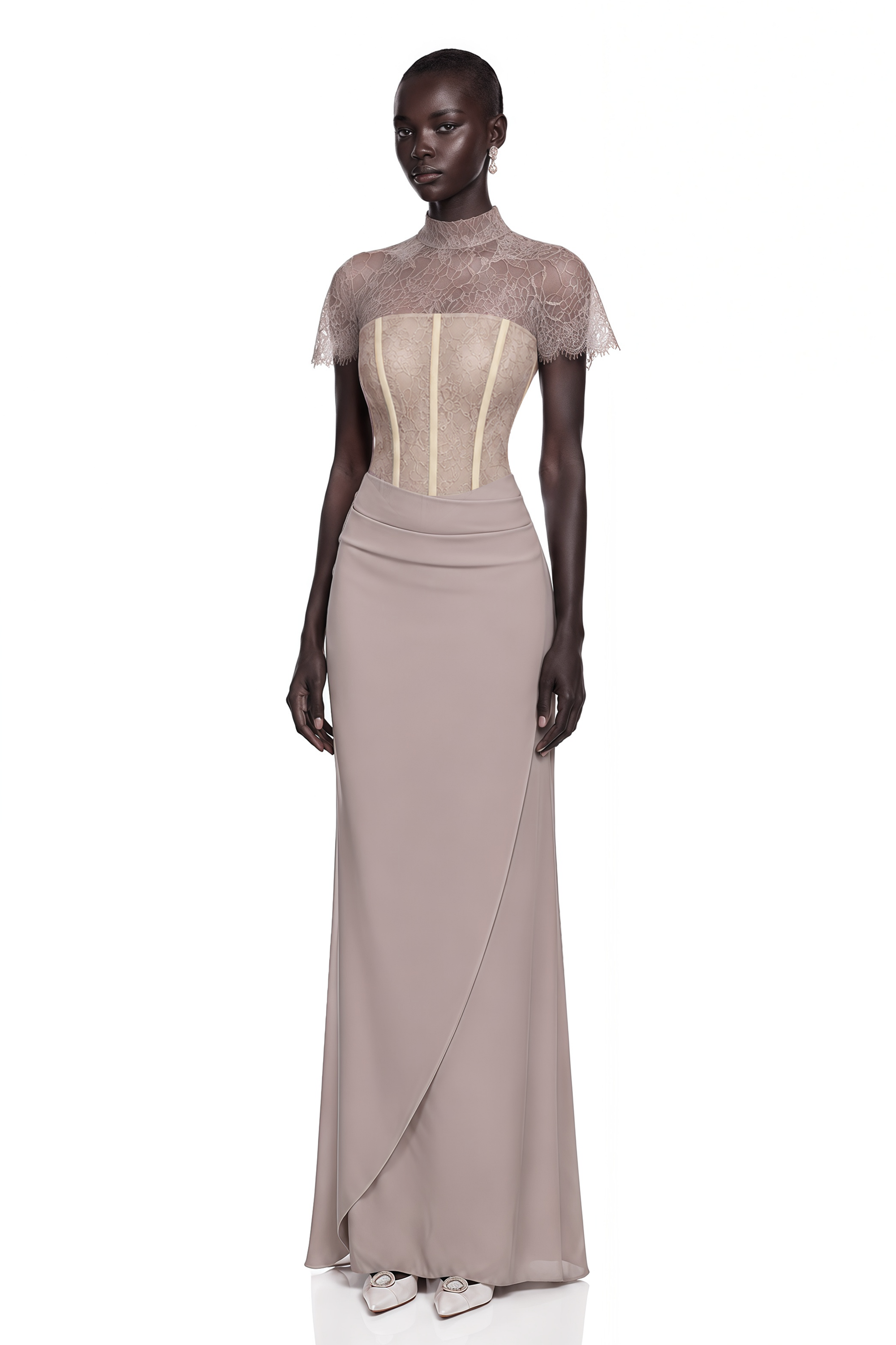 Lovise Neutral Ruched Maxi Dress with Lace Cape
