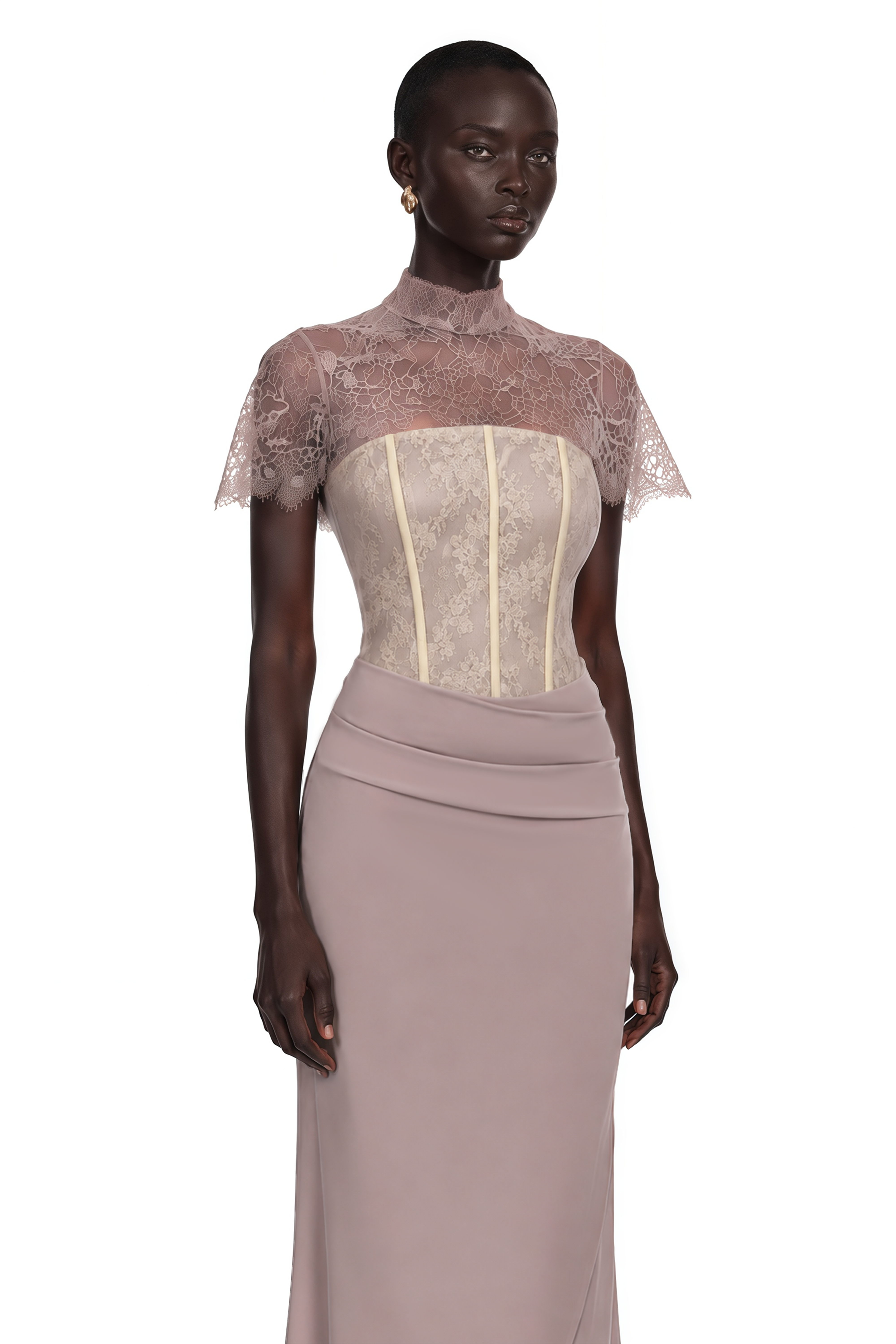 Lovise Neutral Ruched Maxi Dress with Lace Cape