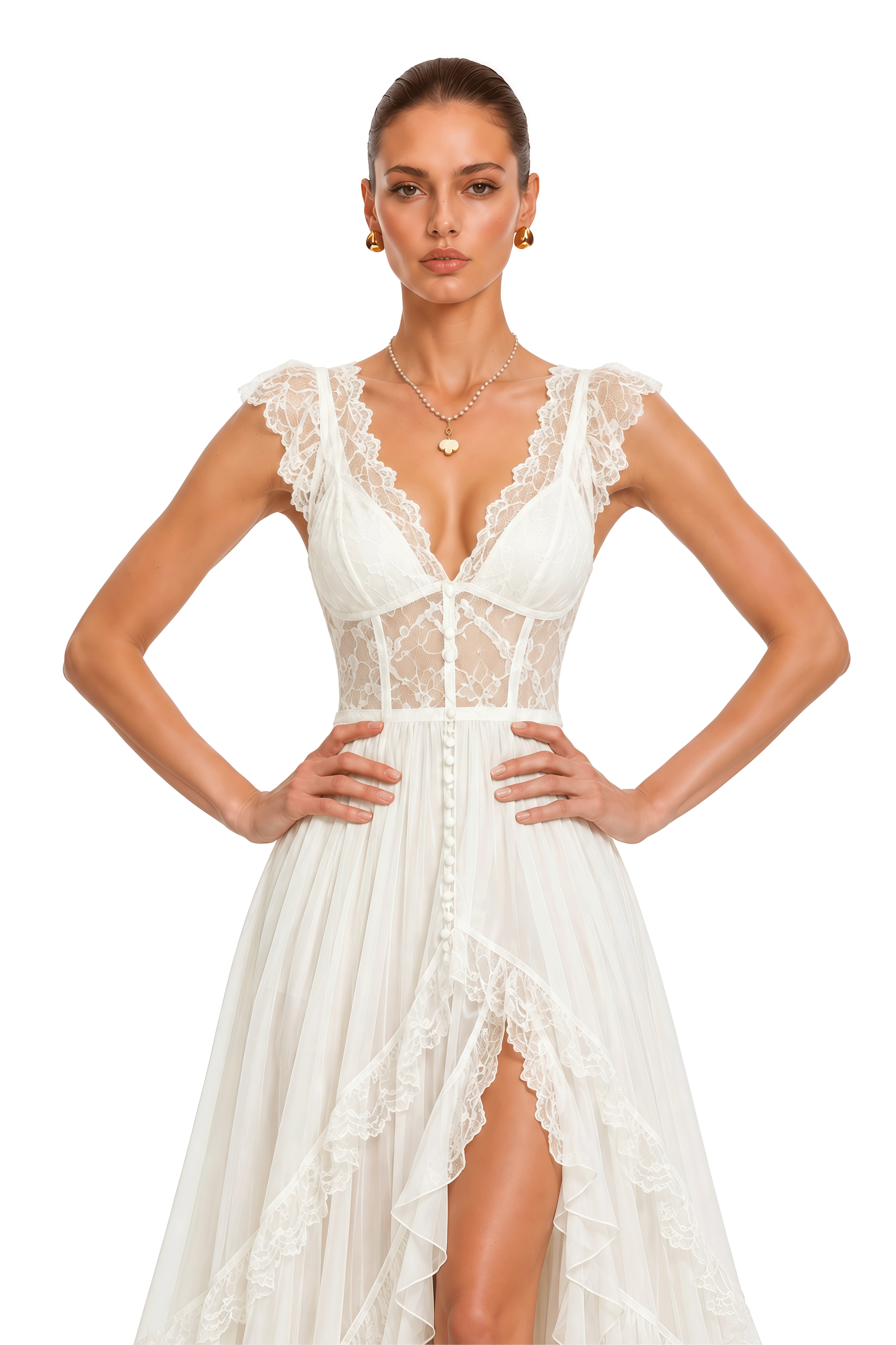 Lucasta White Lace Ruffle High Low Maxi Dress