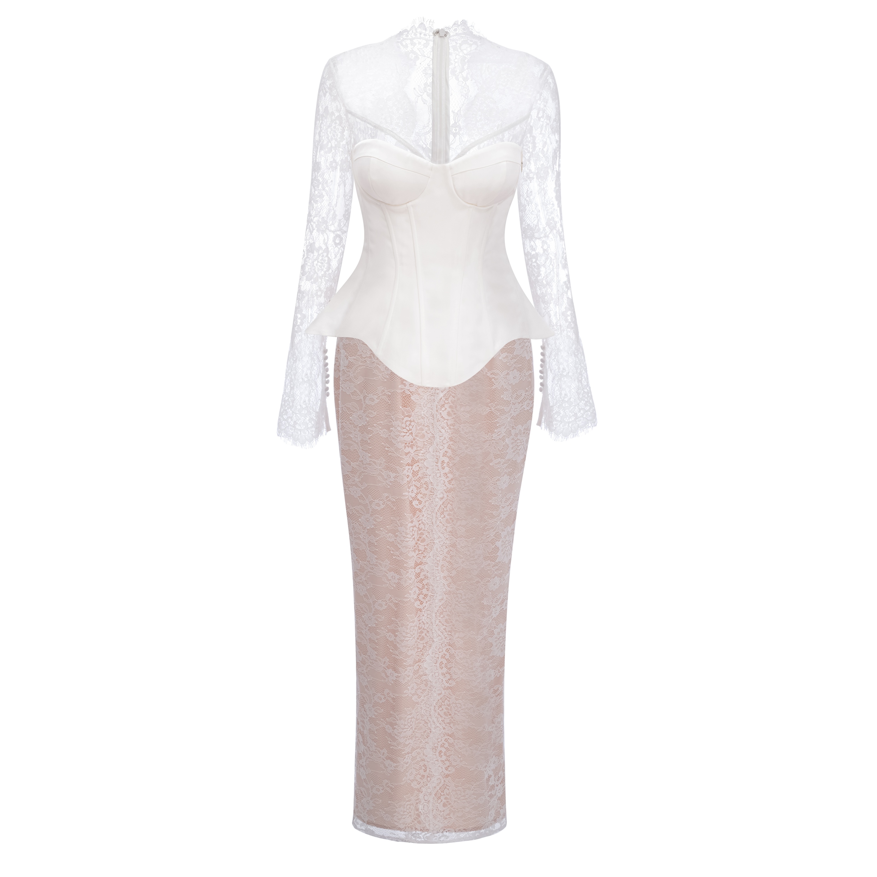 Luciana White Plunge Neck Maxi Dress with Lace Panel