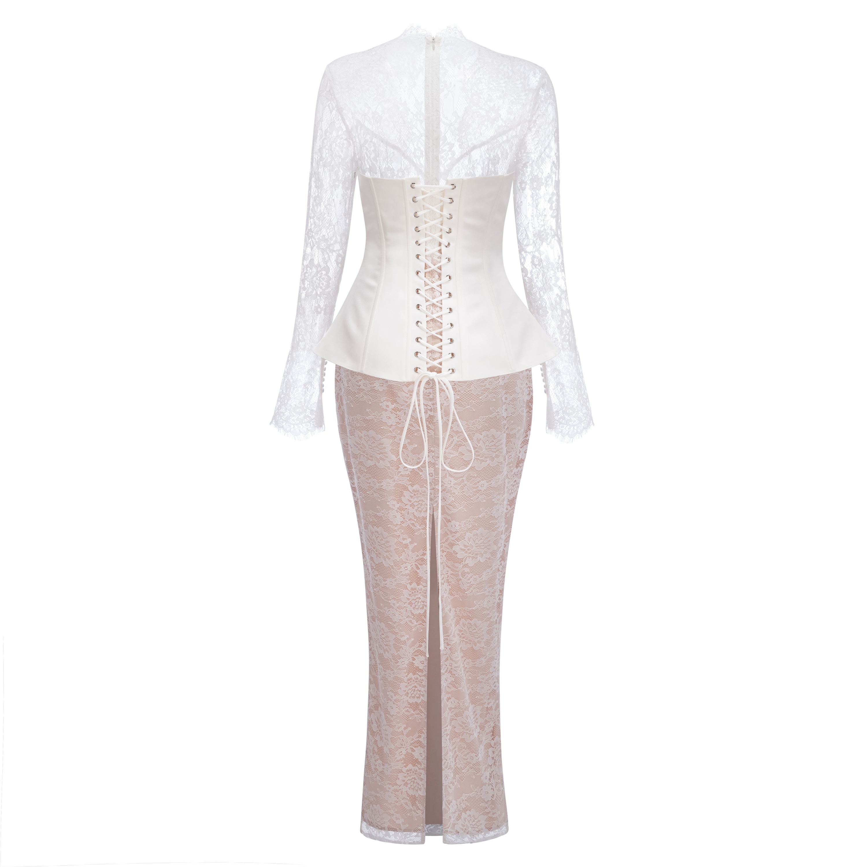 Luciana White Plunge Neck Maxi Dress with Lace Panel