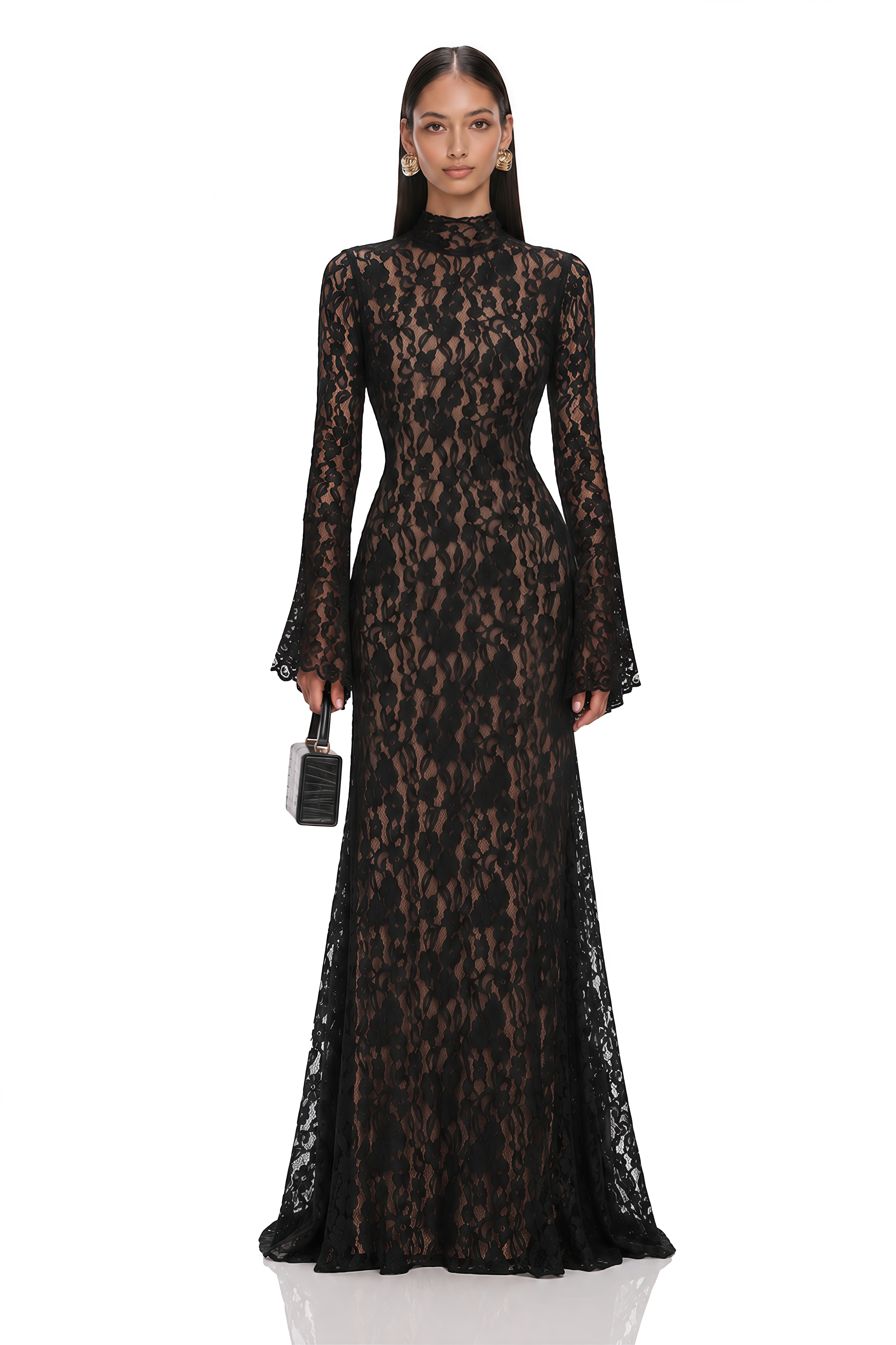 Lucienne Black Lace Open Back Maxi Dress