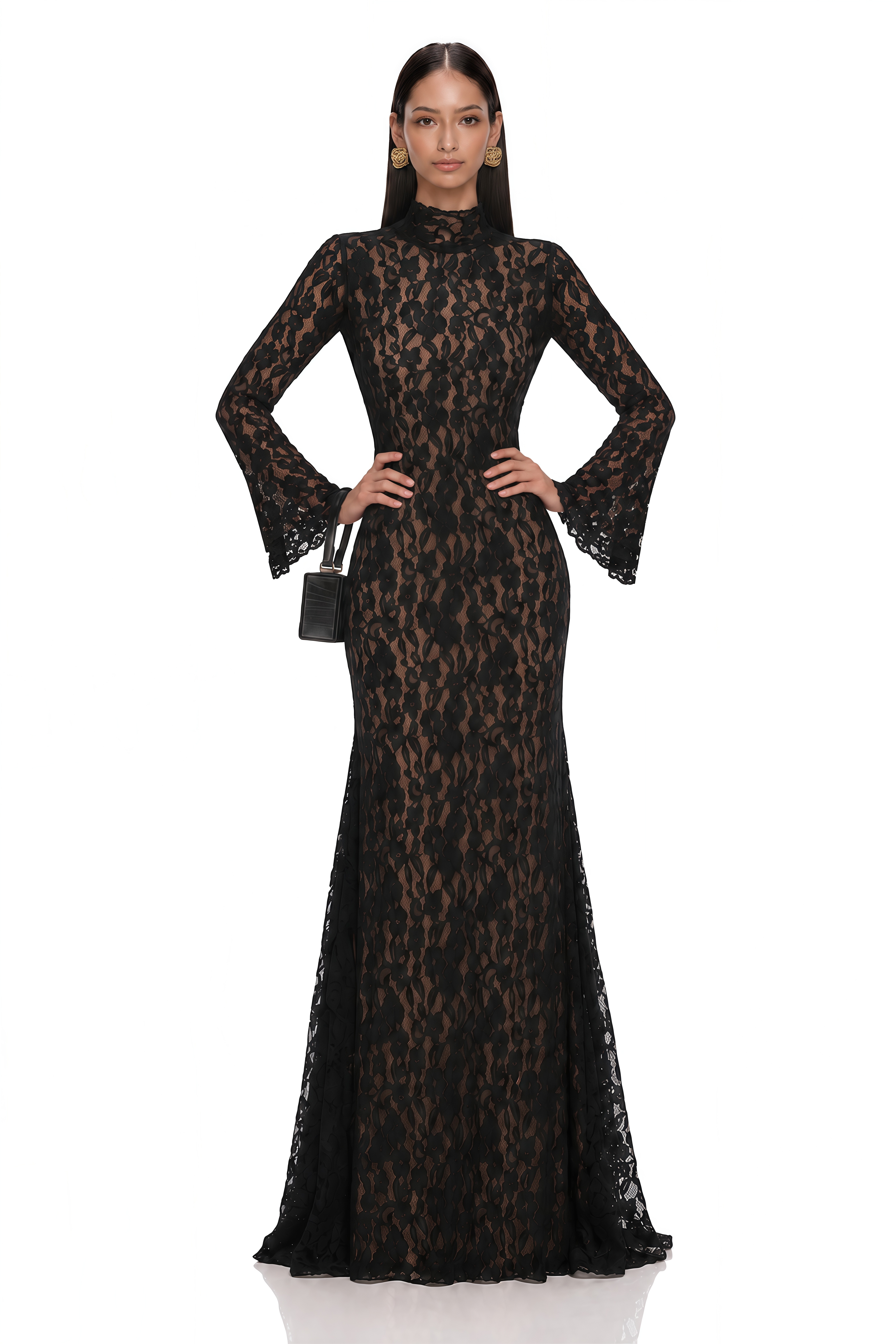 Lucienne Black Lace Open Back Maxi Dress