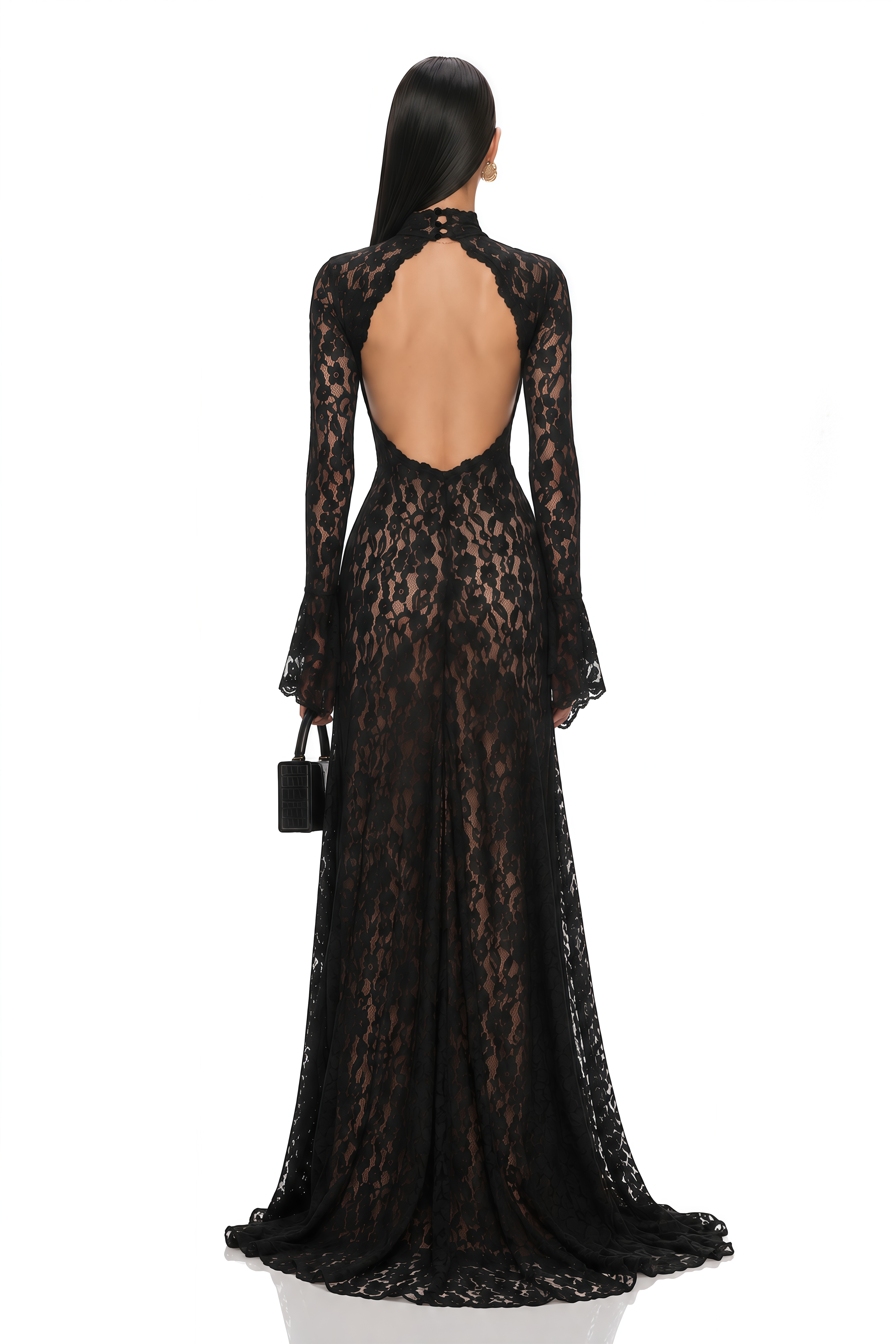 Lucienne Black Lace Open Back Maxi Dress