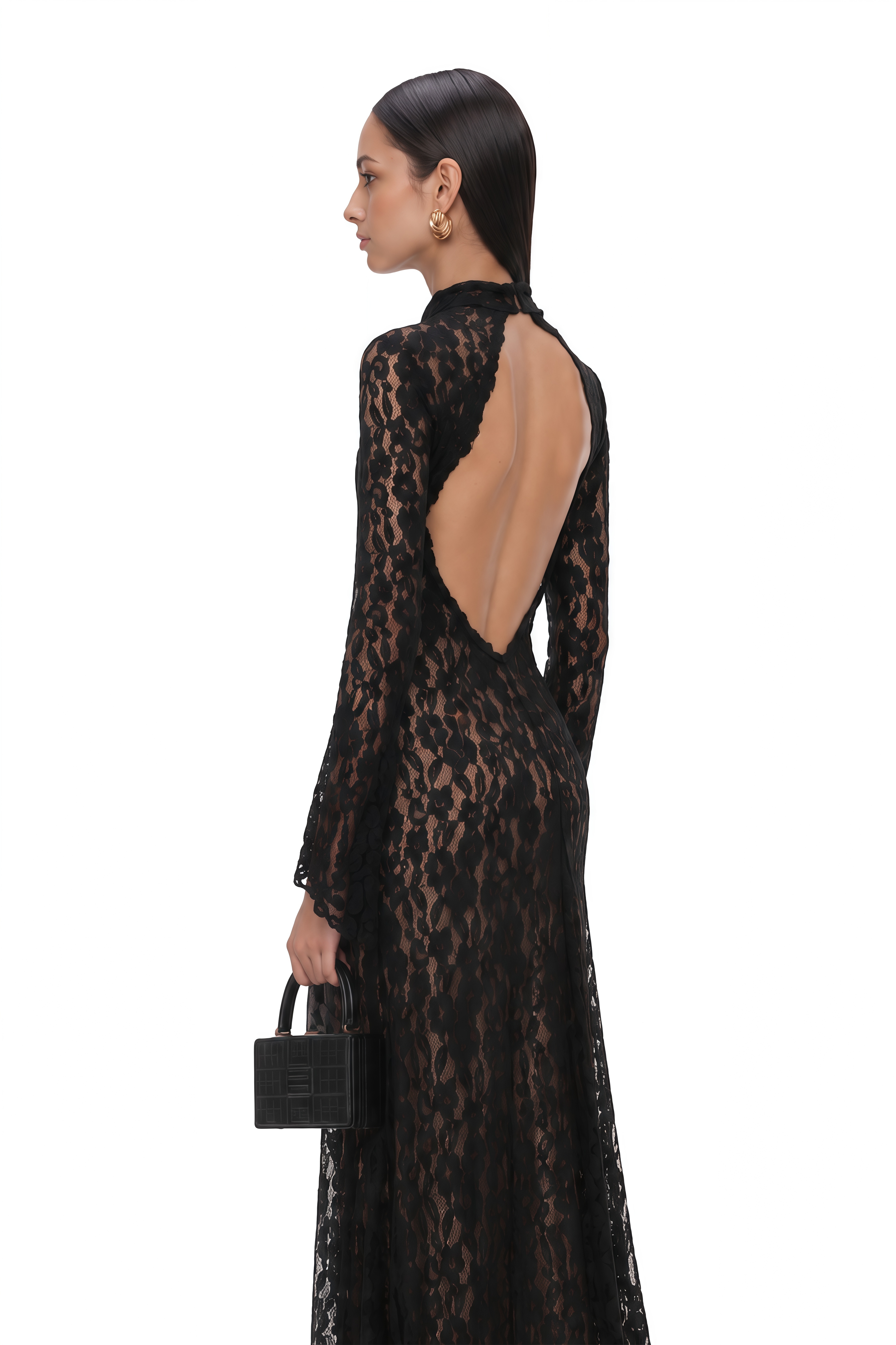 Lucienne Black Lace Open Back Maxi Dress