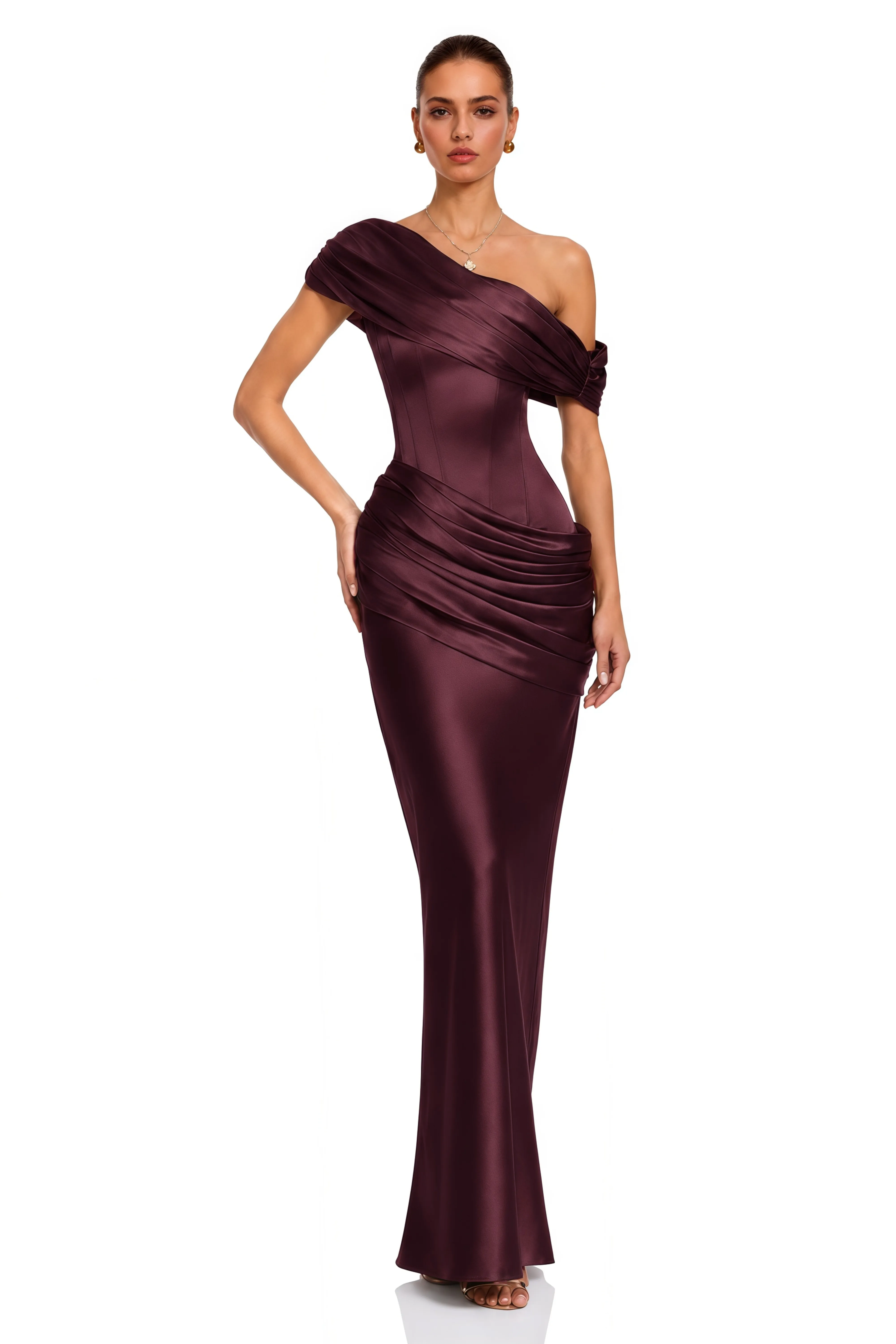Lucienne Burgundy One Shoulder Ruched Maxi Dress