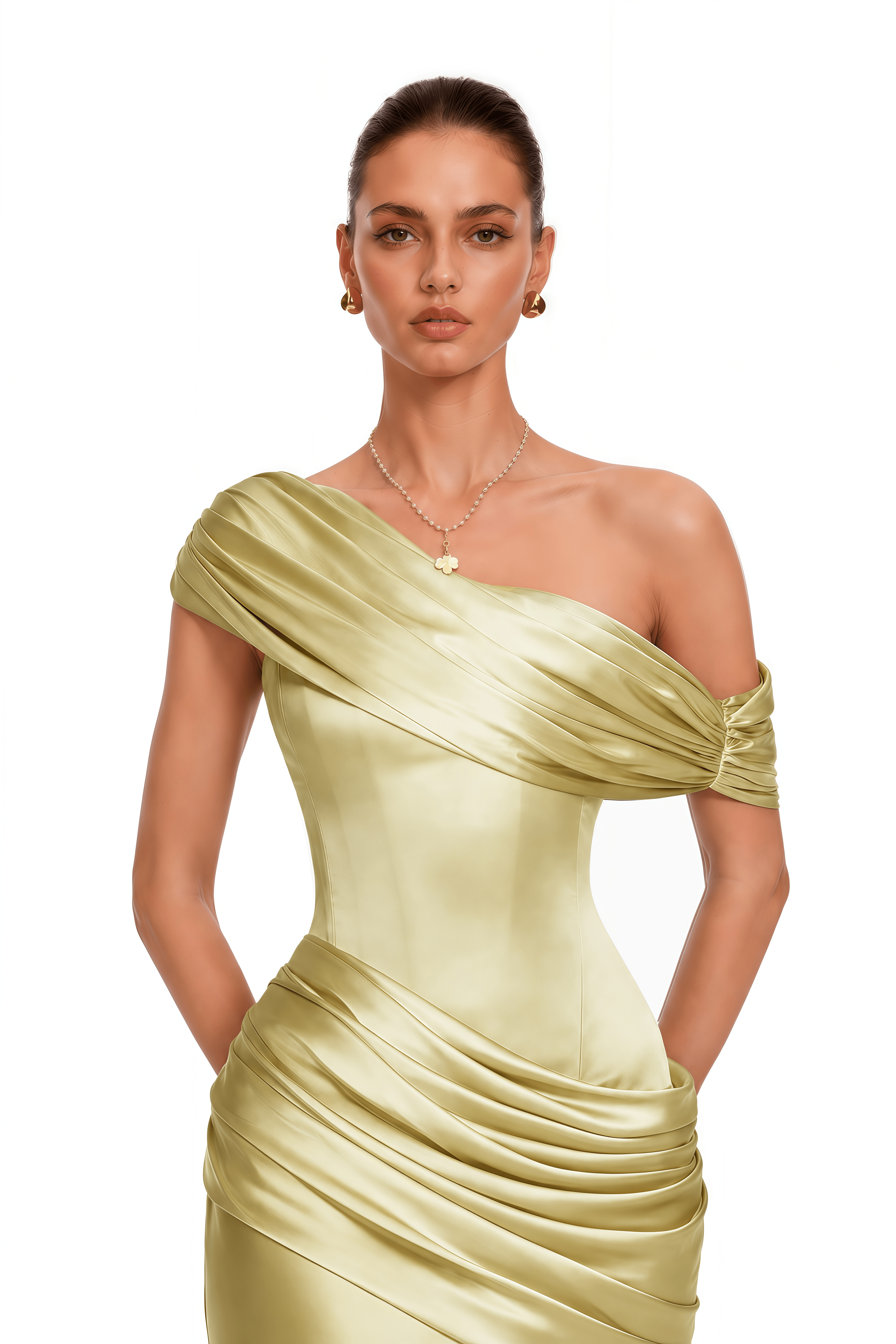 Lucienne Gold One Shoulder Ruched Maxi Dress