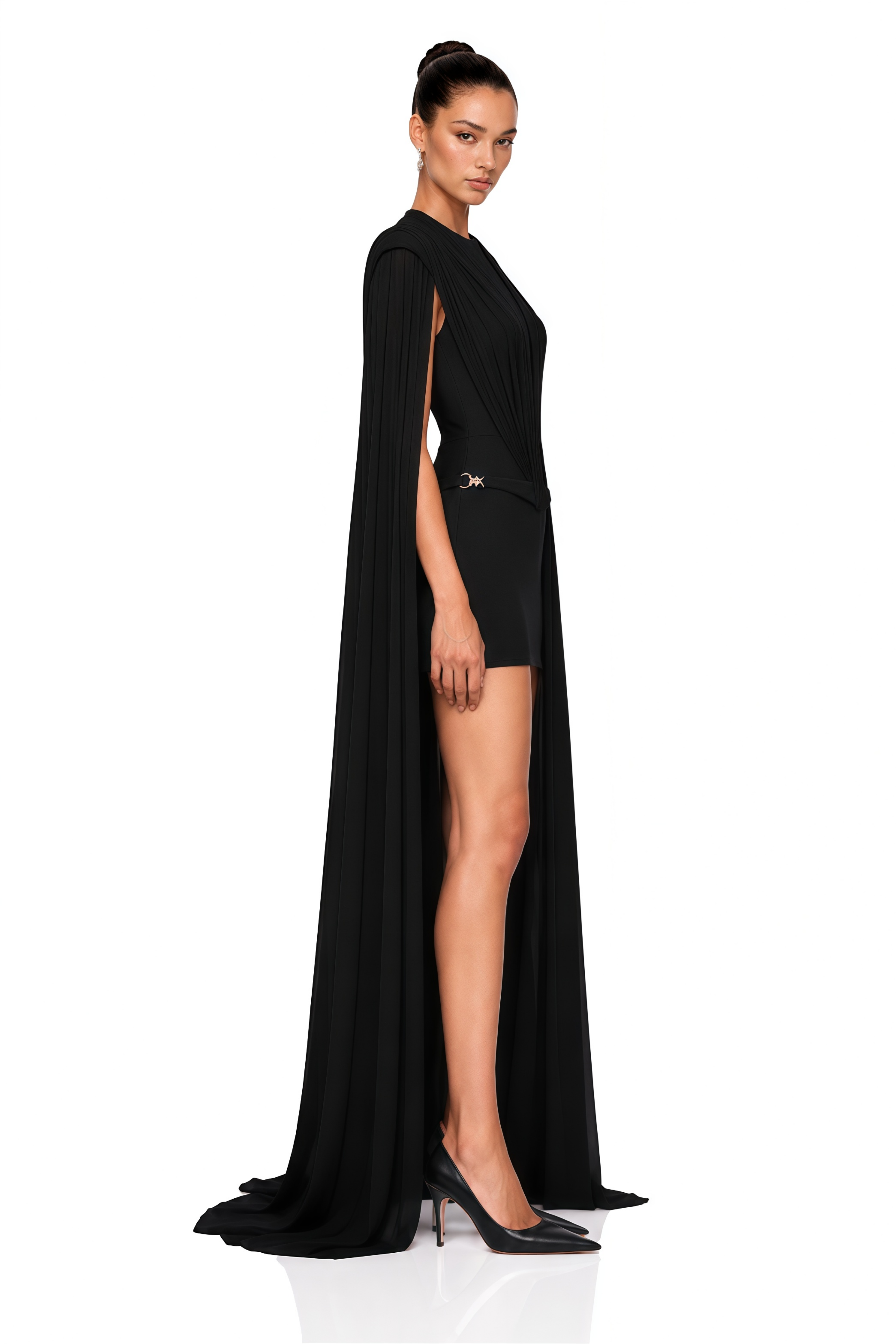Lucinda Black Cape Sleeve Pleated Mini Dress