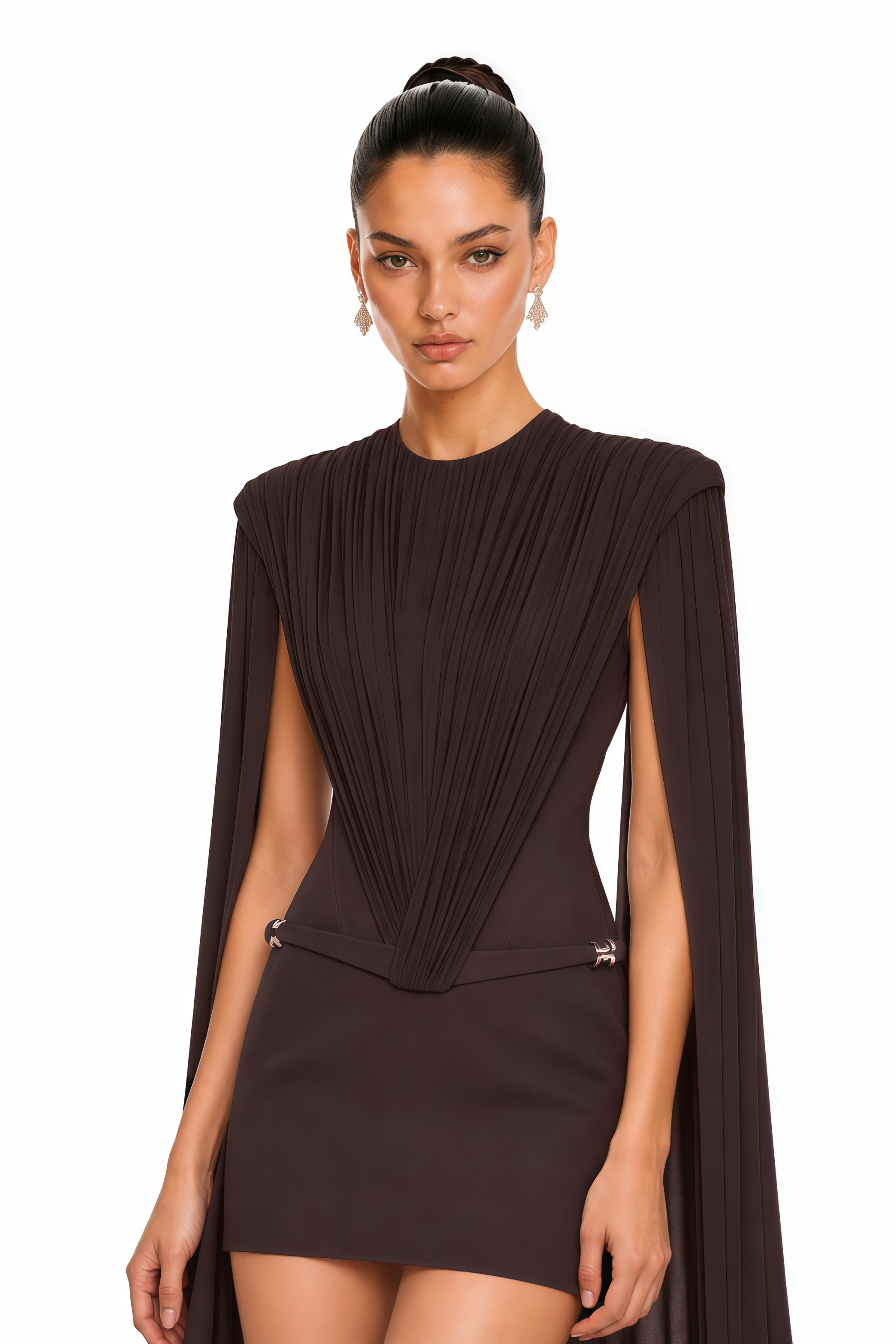 Lucinda Brown Cape Sleeve Pleated Mini Dress