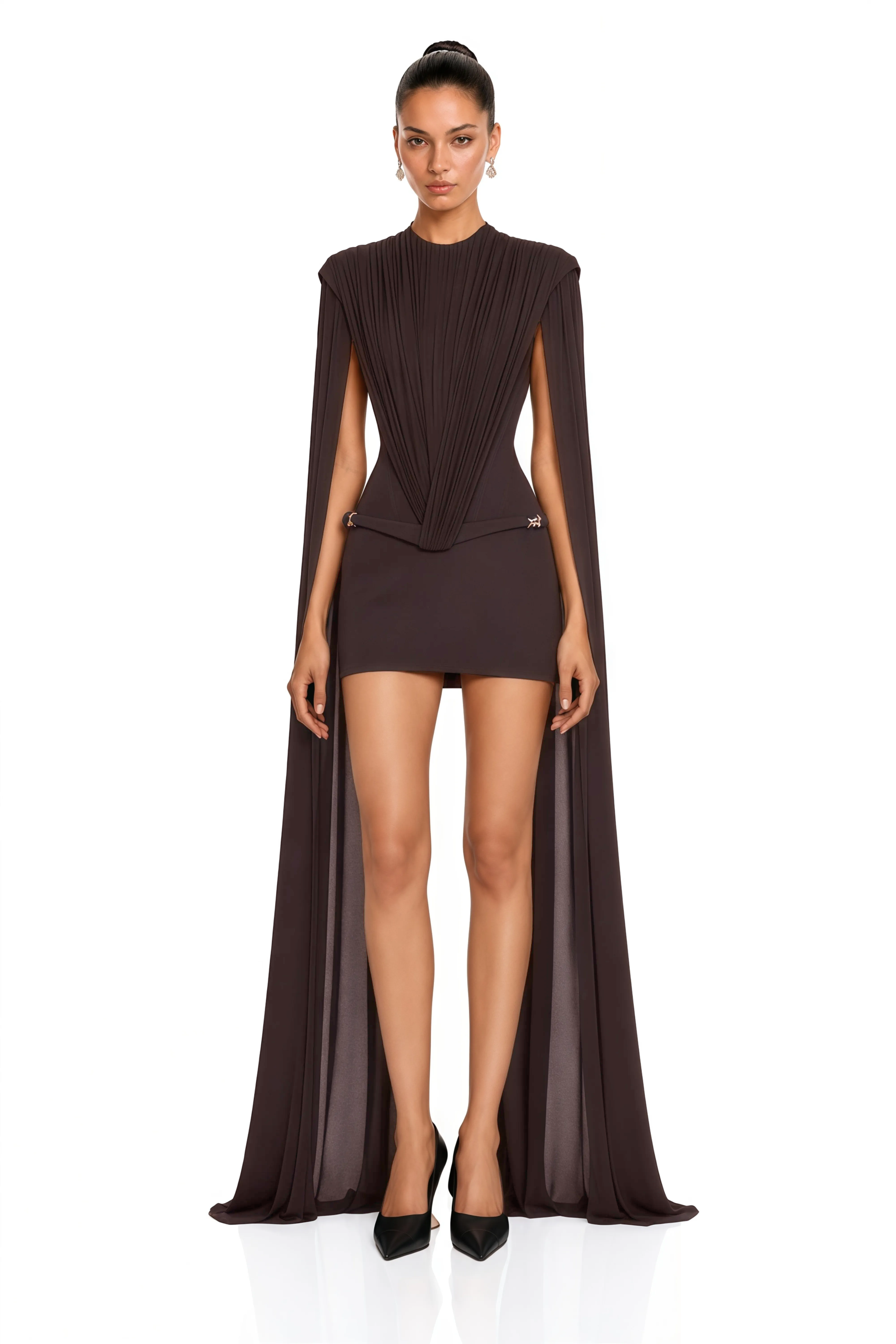 Lucinda Brown Cape Sleeve Pleated Mini Dress