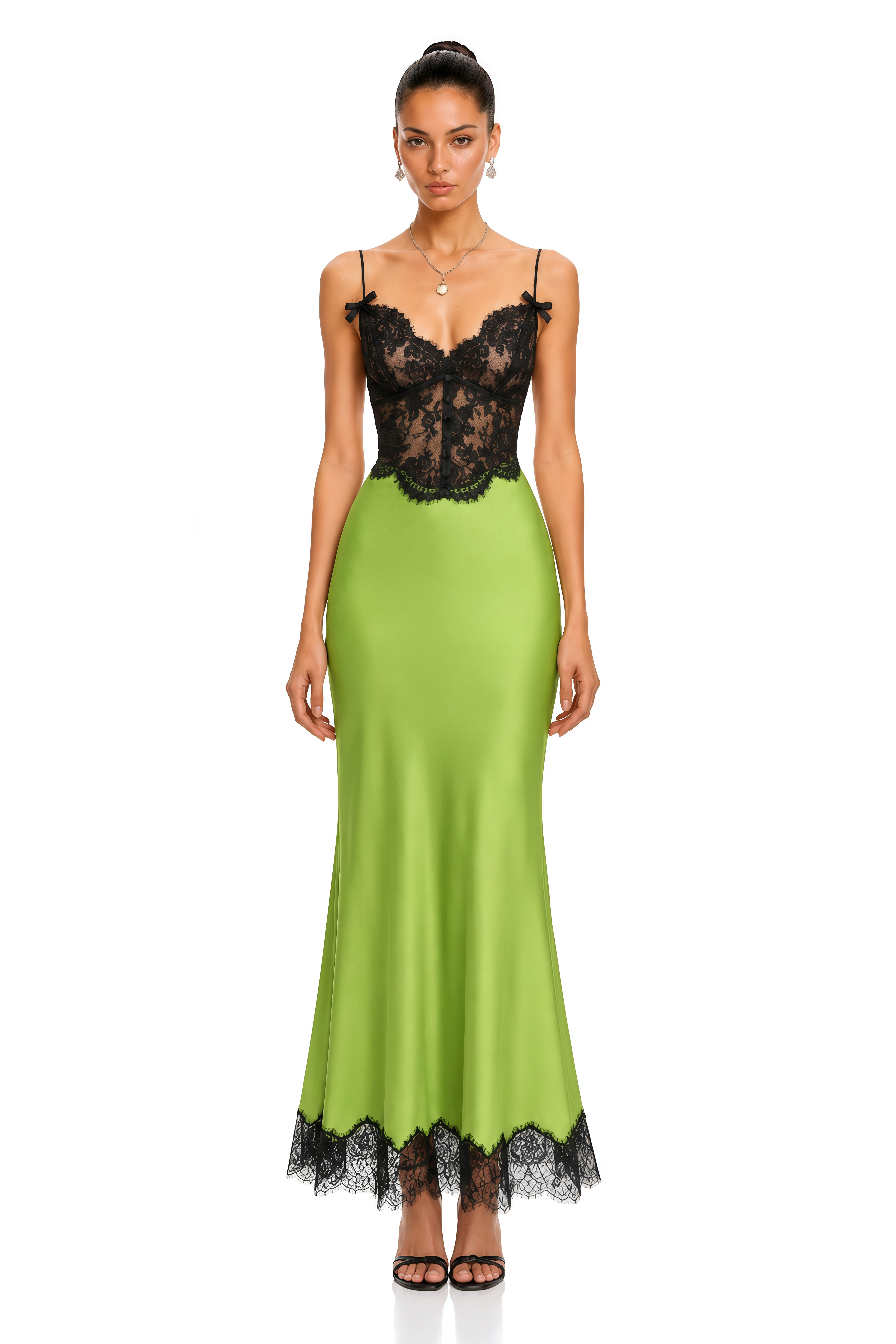 Ludmila Lime Green Black Lace Satin Maxi Dress