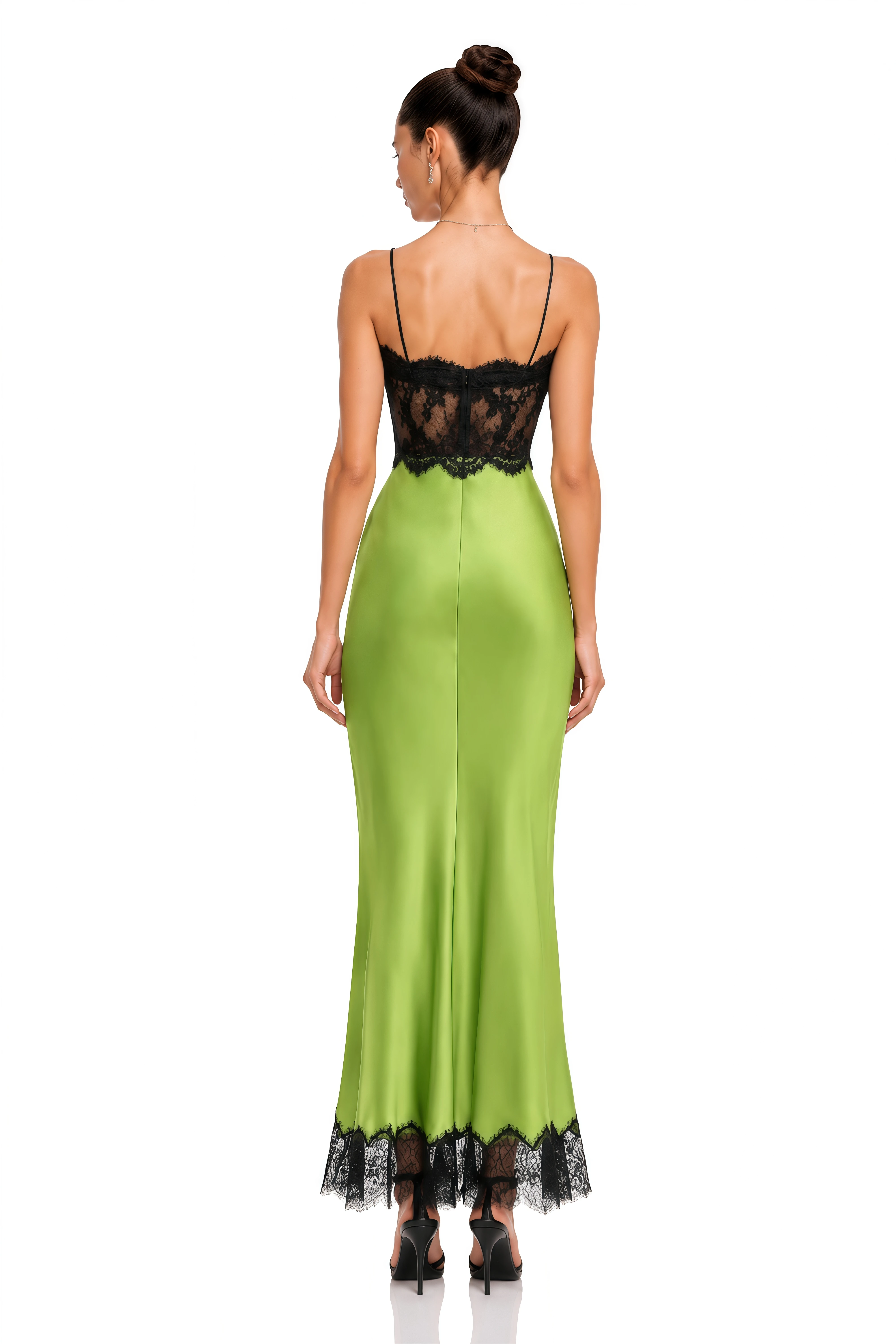 Ludmila Lime Green Black Lace Satin Maxi Dress