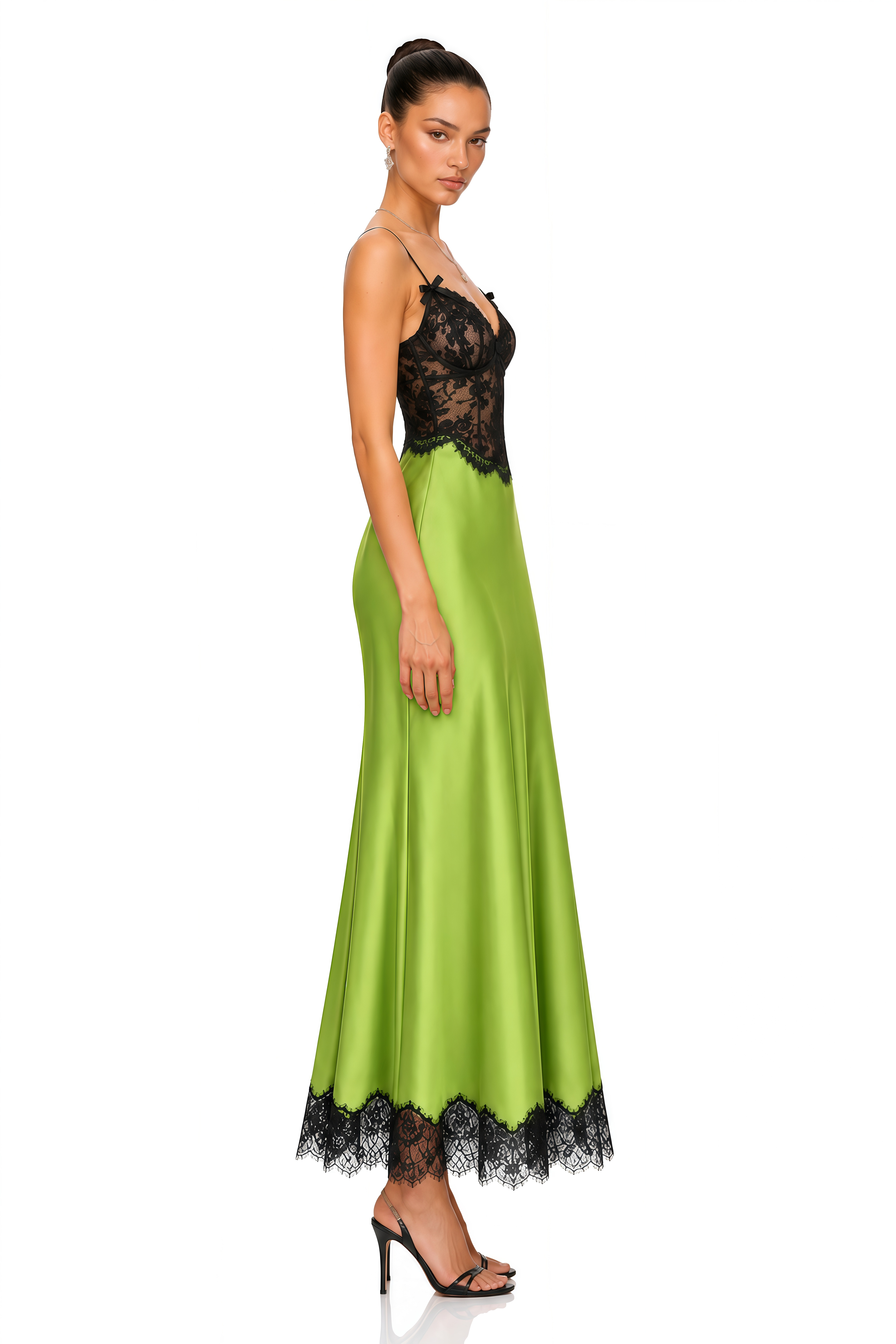 Ludmila Lime Green Black Lace Satin Maxi Dress