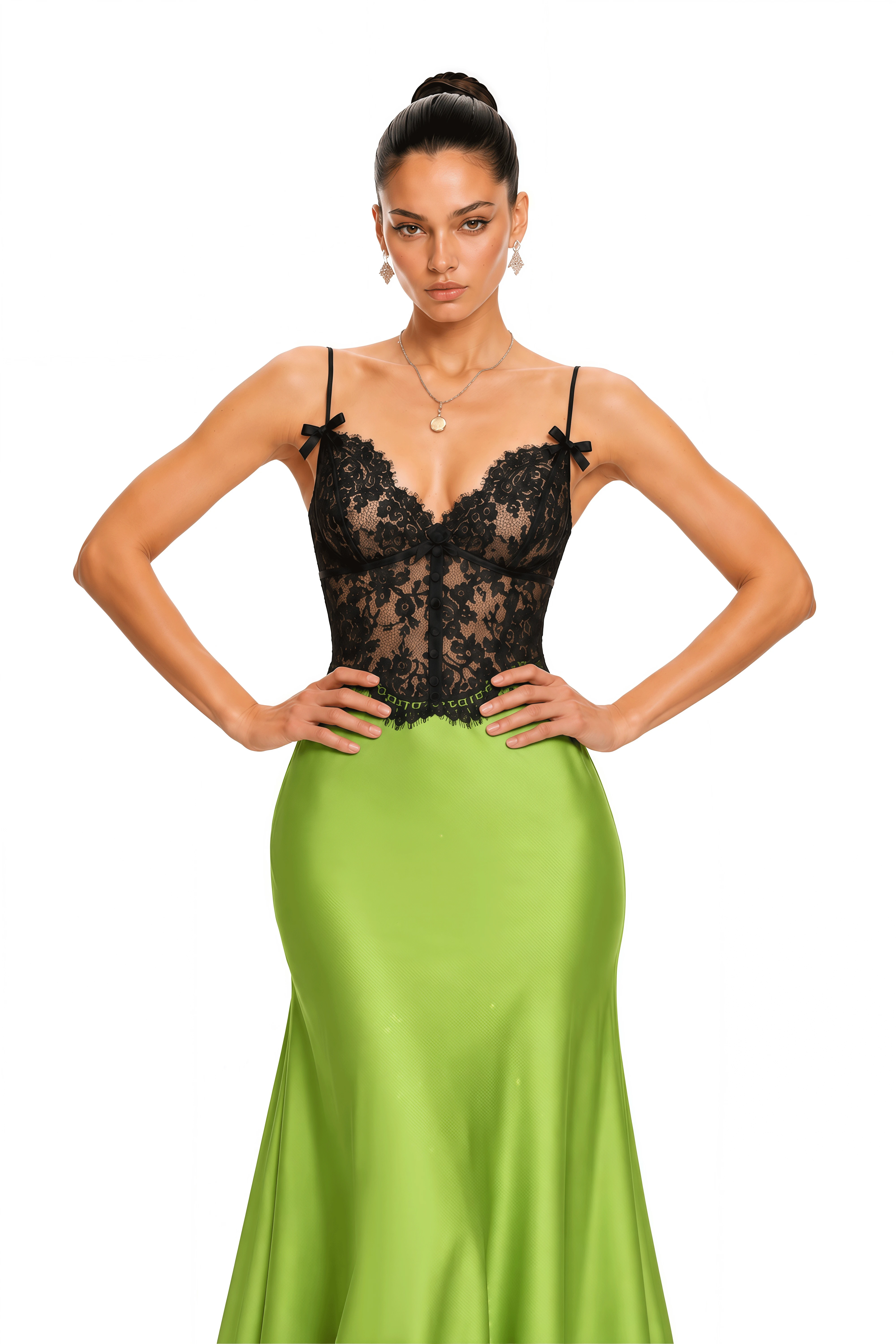 Ludmila Lime Green Black Lace Satin Maxi Dress