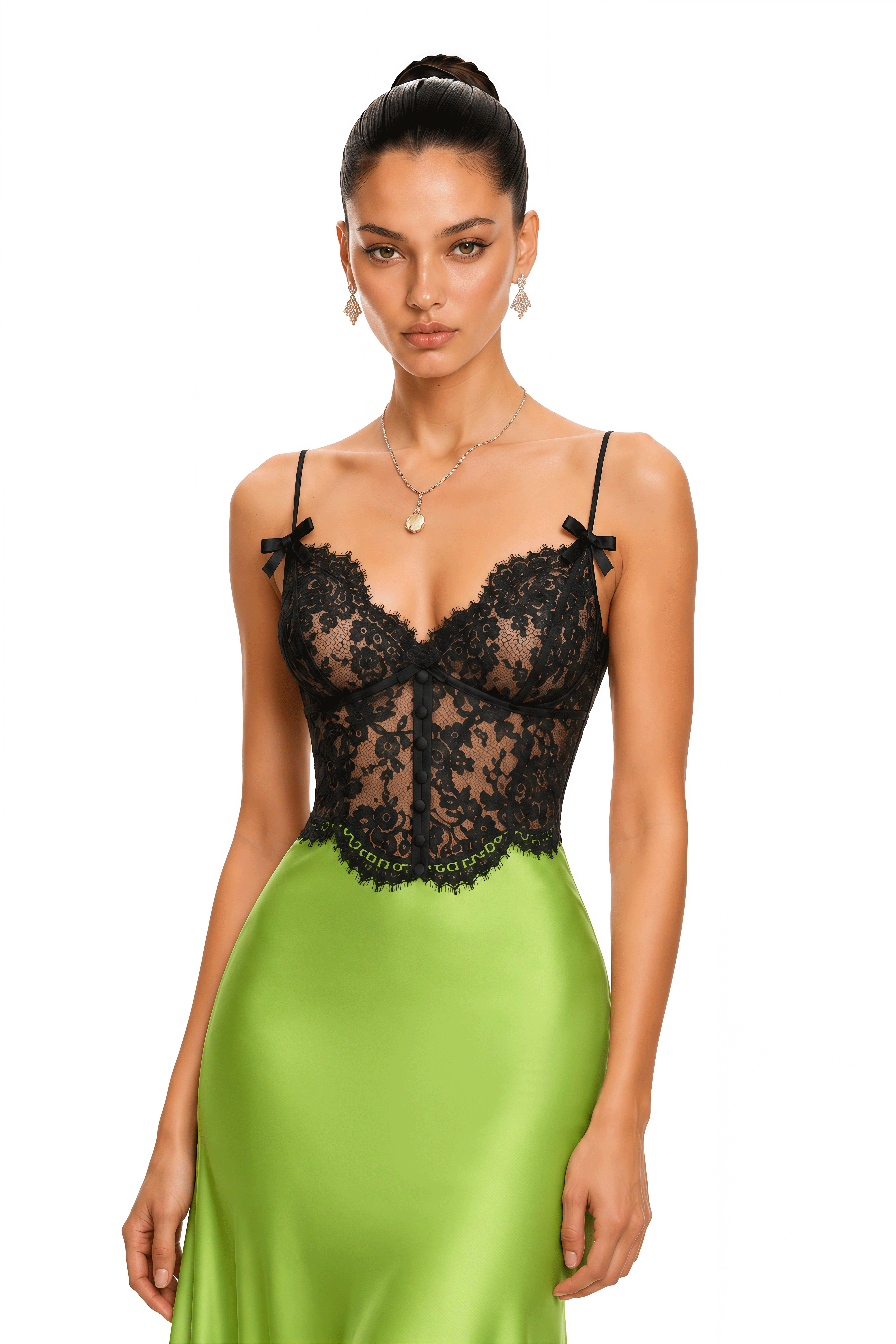 Ludmila Lime Green Black Lace Satin Maxi Dress