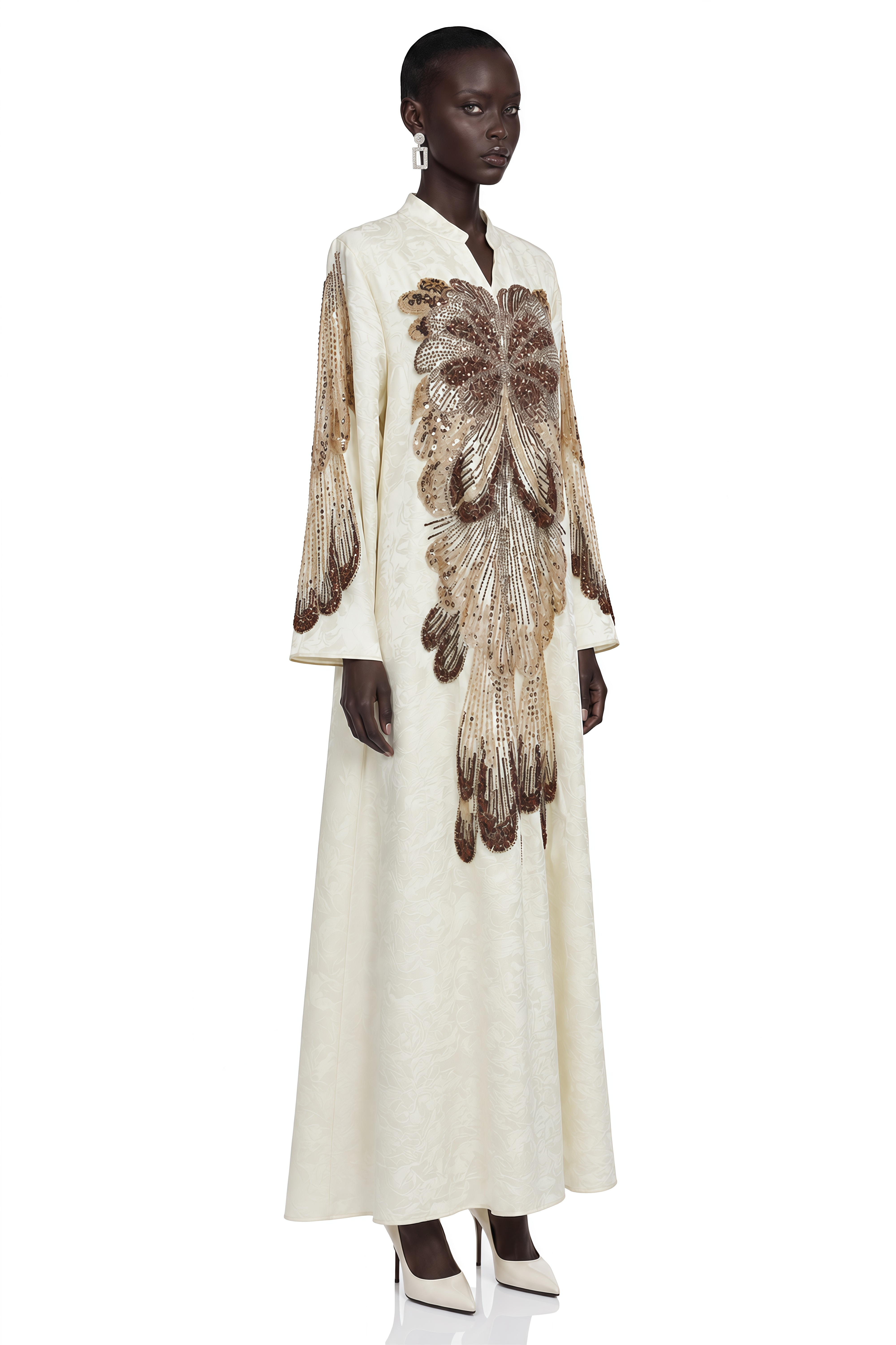 Luisa Neutral Sequin Embroidered Long Sleeve Maxi Dress