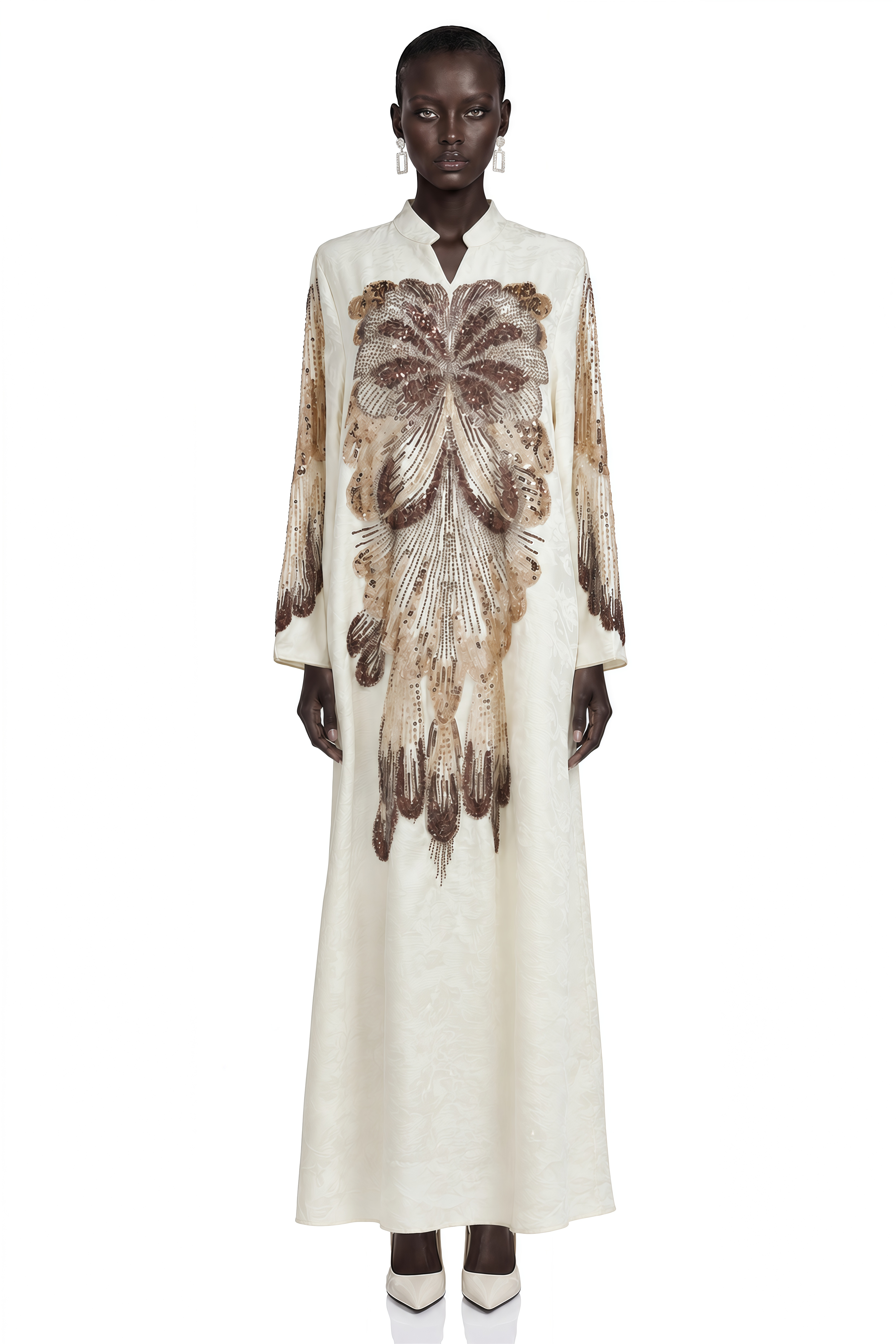 Luisa Neutral Sequin Embroidered Long Sleeve Maxi Dress