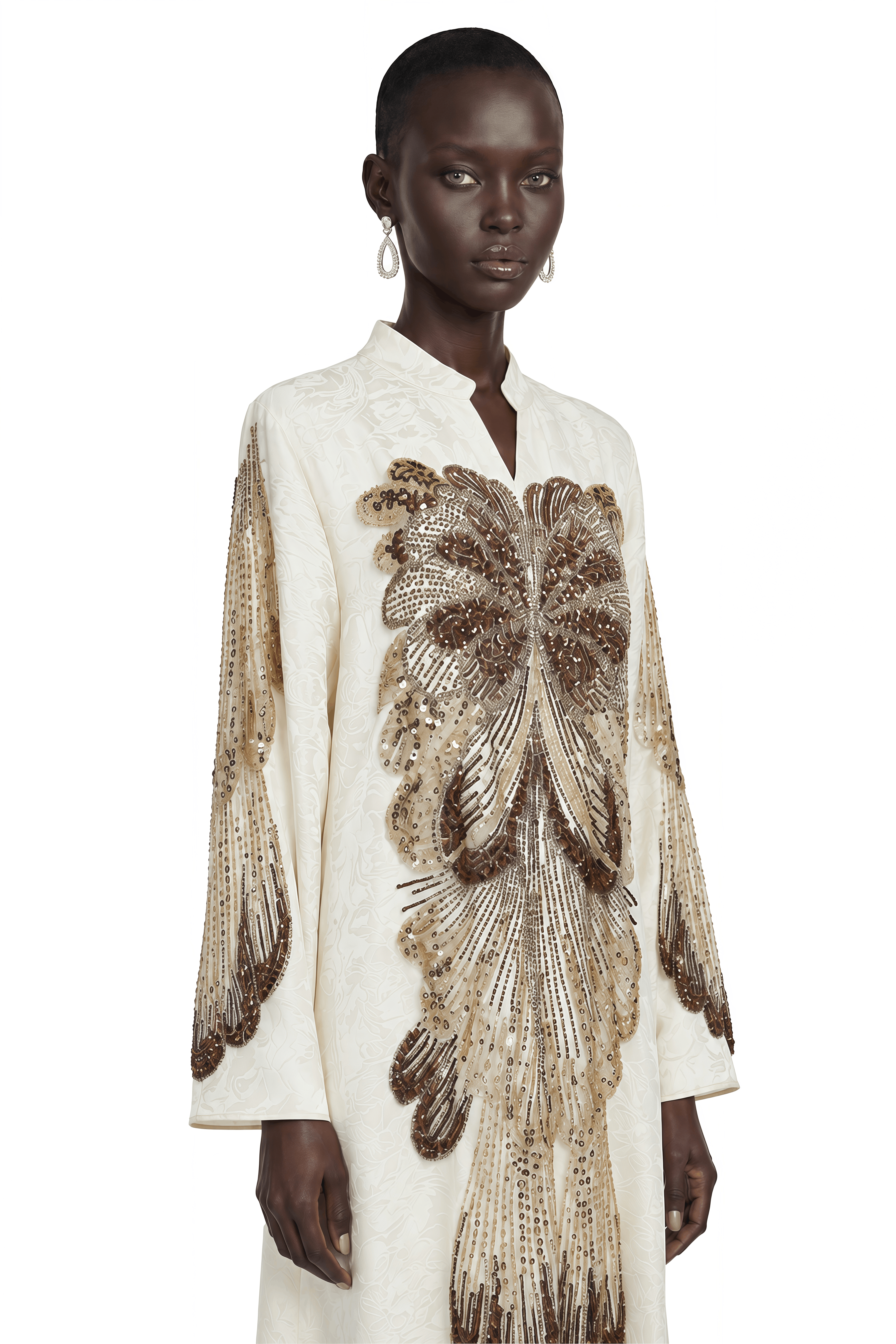 Luisa Neutral Sequin Embroidered Long Sleeve Maxi Dress
