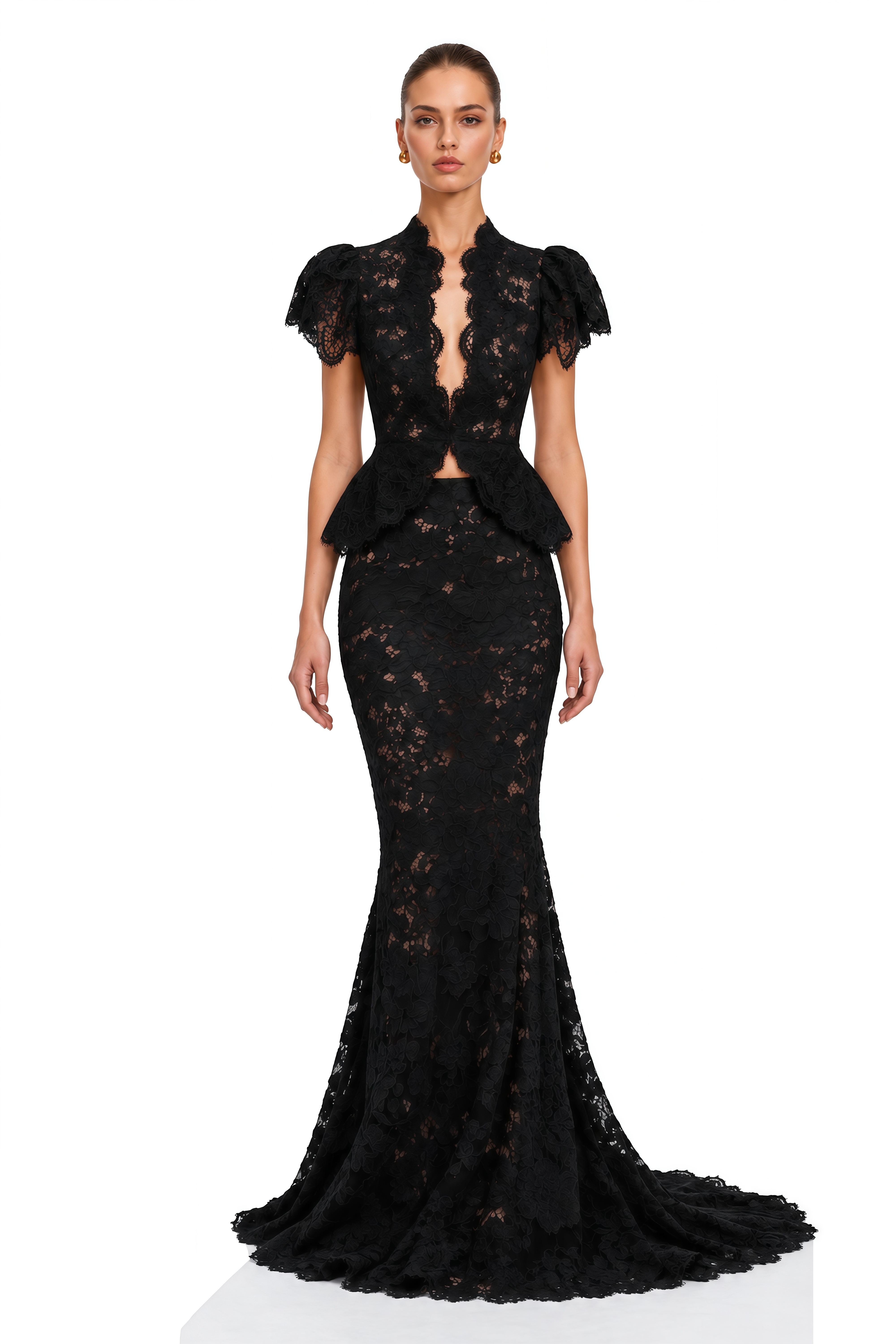 Lysandra Black Floral Lace Peplum Blouse & Mermaid Maxi Skirt Set