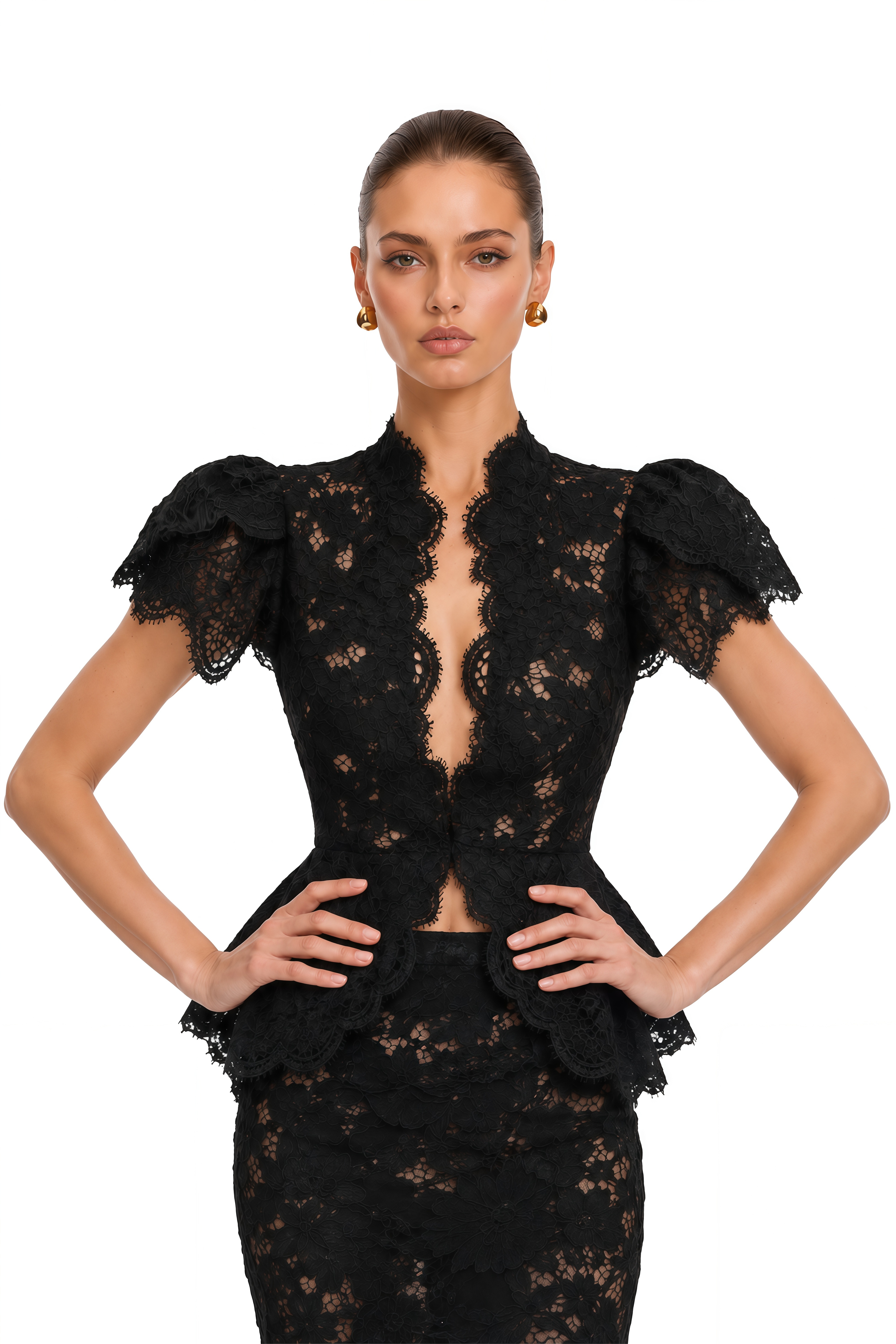 Lysandra Black Floral Lace Peplum Blouse & Mermaid Maxi Skirt Set