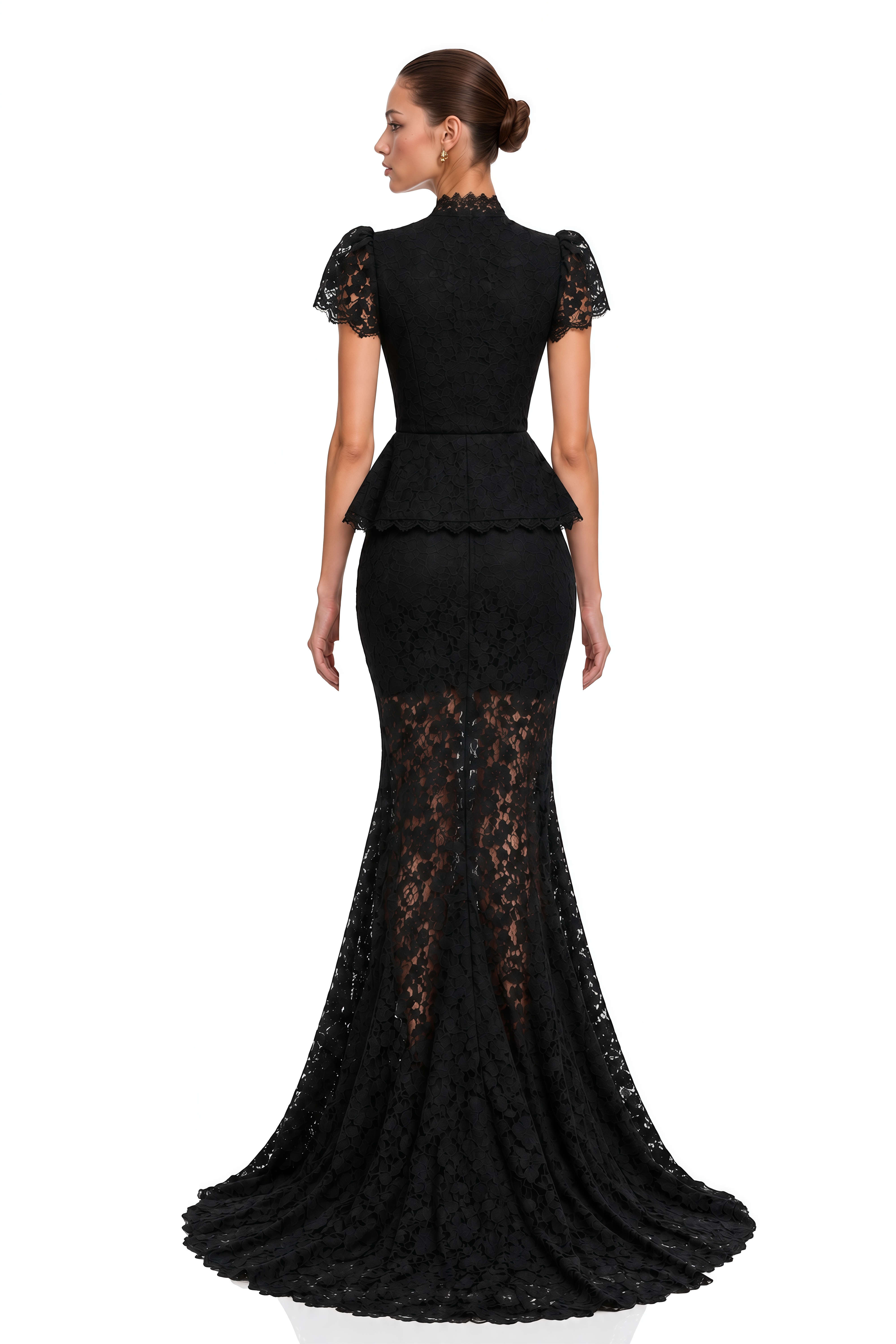 Lysandra Black Floral Lace Peplum Blouse & Mermaid Maxi Skirt Set
